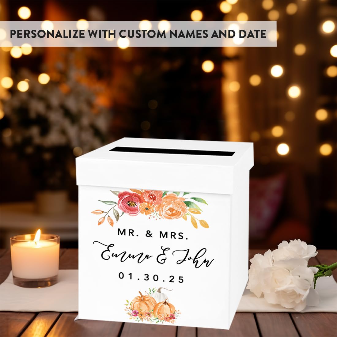 Personalized Wedding Card Box 10x10x10 - Fall Floral Gift Box for Wedding Cards & Gifts