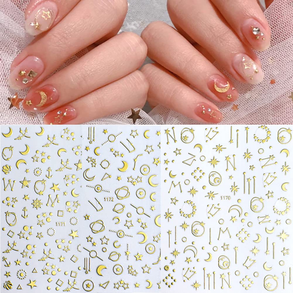 12 Sheets Gold Nail Art Stickers - 3D Self-Adhesive Metallic Stars & Moon Glitter Decals for Women, Girls Manicure - DIY Nail Supplies for Salon, Party, Wedding & Home Nail Art Design