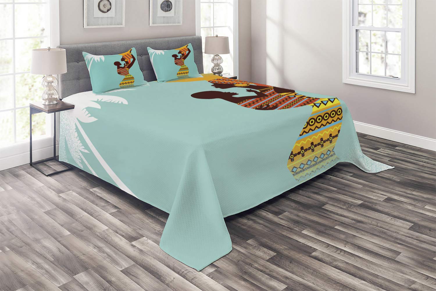Ambesonne African Print Quilt Set - 3 Piece King Size Bedspread with 2 Pillow Shams, Retro Mother & Child Fashion Design in Turquoise & Marigold | Boho Chic Bedroom Decor for Master Bedroom or Guest Room