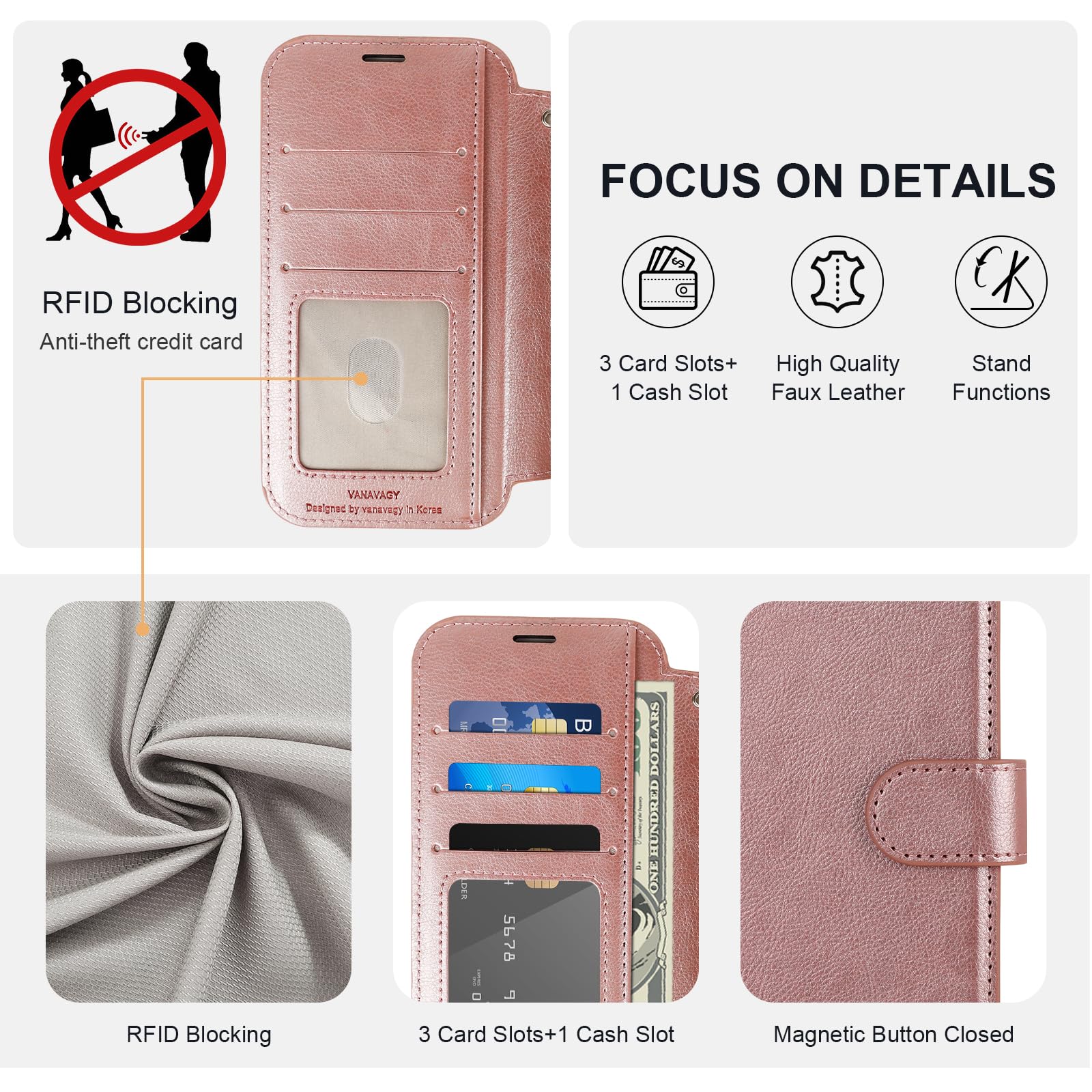 VANAVAGY RFID Leather Wallet Case for iPhone 12/12 Pro - Wireless Charging Compatible Flip Cover with Card Holder, Wrist Strap & Tempered Glass Screen Protector (Rose Gold) | Perfect for Daily Use, Travel & Business Professionals