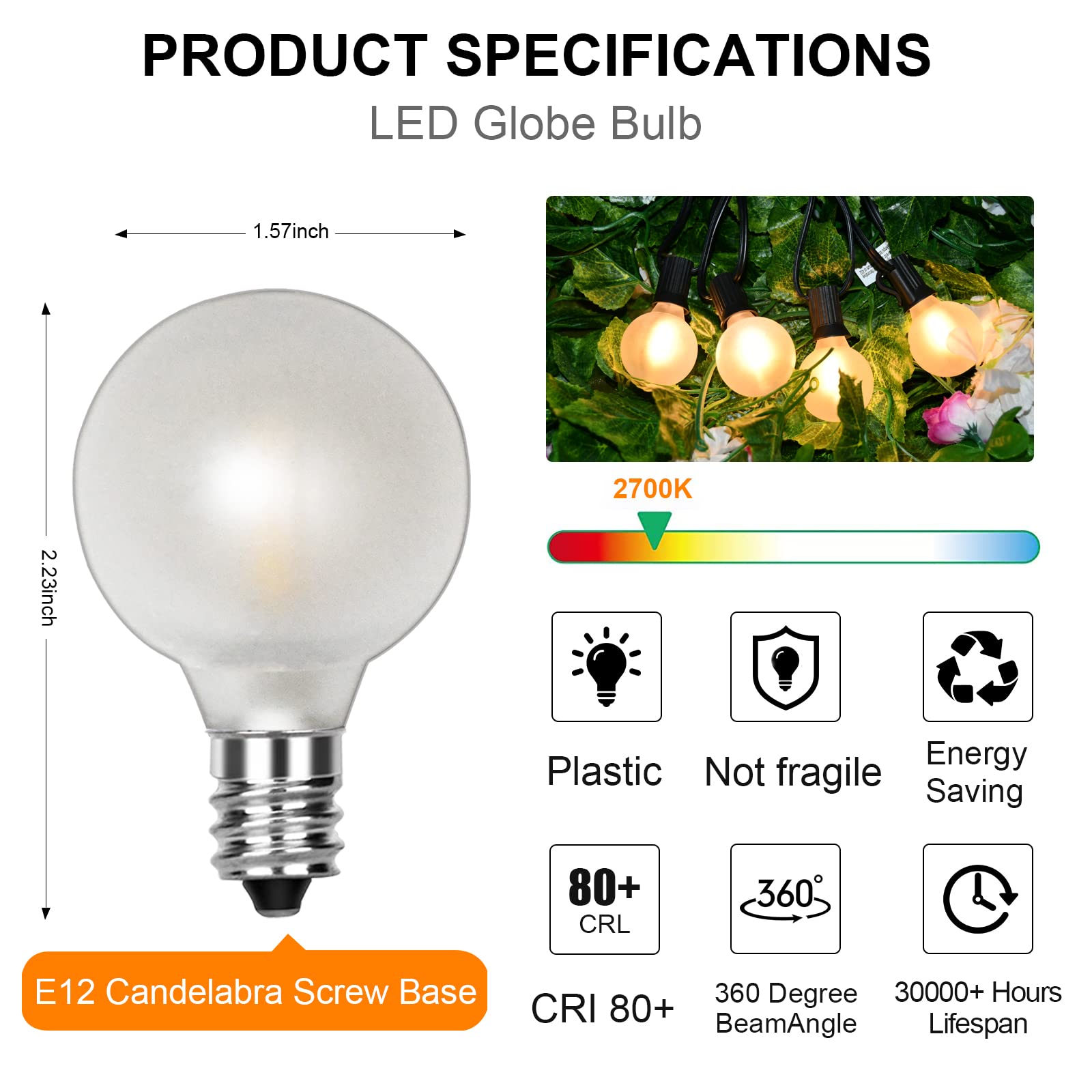 G40 LED Frosted Light Bulbs 25-Pack - 0.6W Shatterproof Globe String Lights for Indoor & Outdoor Use - Warm White Replacement Bulbs for Holiday, Party, Patio & Christmas Decorations