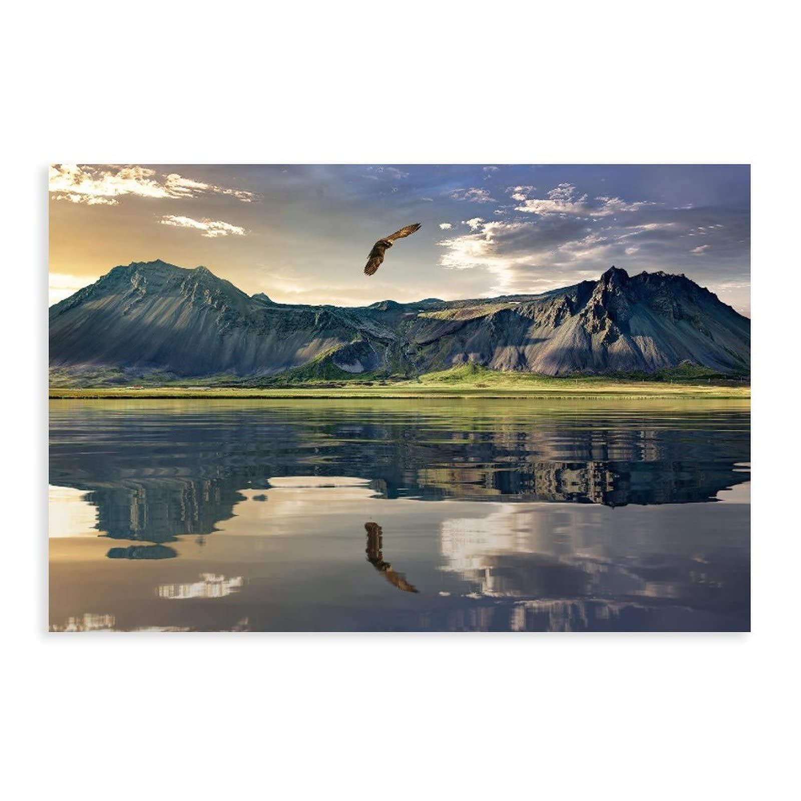 Eagle Reflection in Water Lake and Mountains Art Deco Wall Art Print - Canvas Home Decor for Bedroom, Living Room & Office - Nature Wildlife Poster for Modern Interior Design