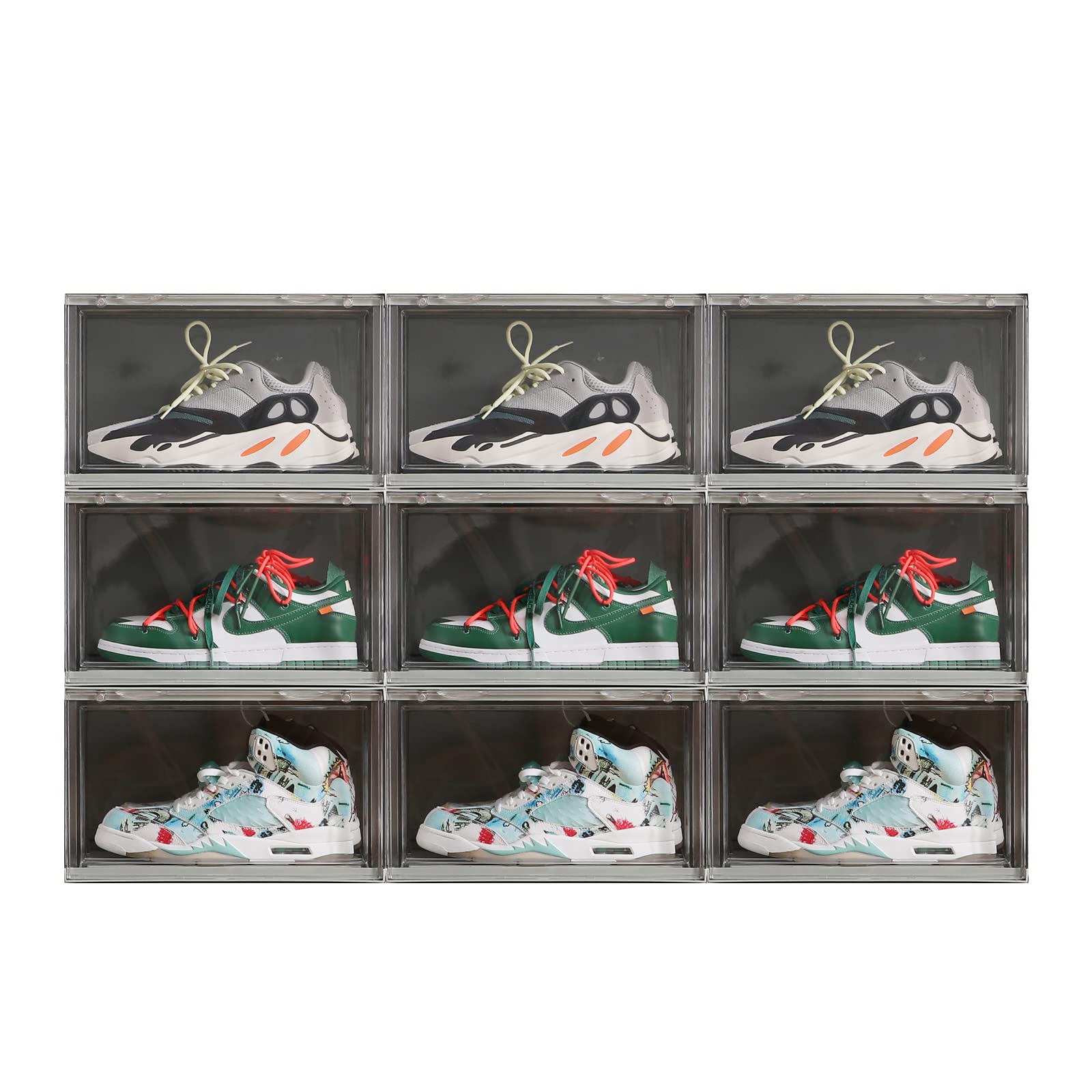 Clear Plastic Stackable Shoe Boxes - 9 Pack Sneaker Storage Containers with Lids, 14.2 x 11 x 8.7 Inches for US Size 13 Shoes (Green) - Perfect for Closet Organization, Shoe Display & Home Storage Solutions