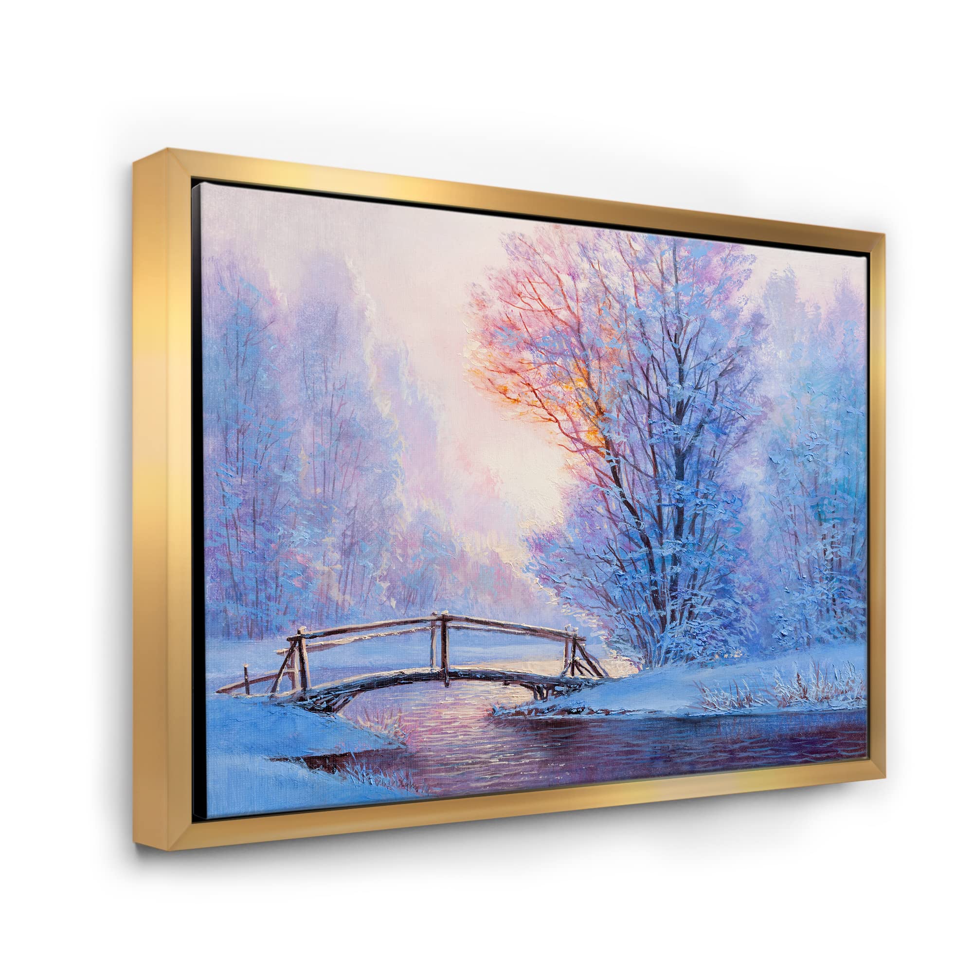 Winter Landscape With River and Bridge - Lake House Framed Canvas Wall Art Print for Living Room, Bedroom & Office Decor