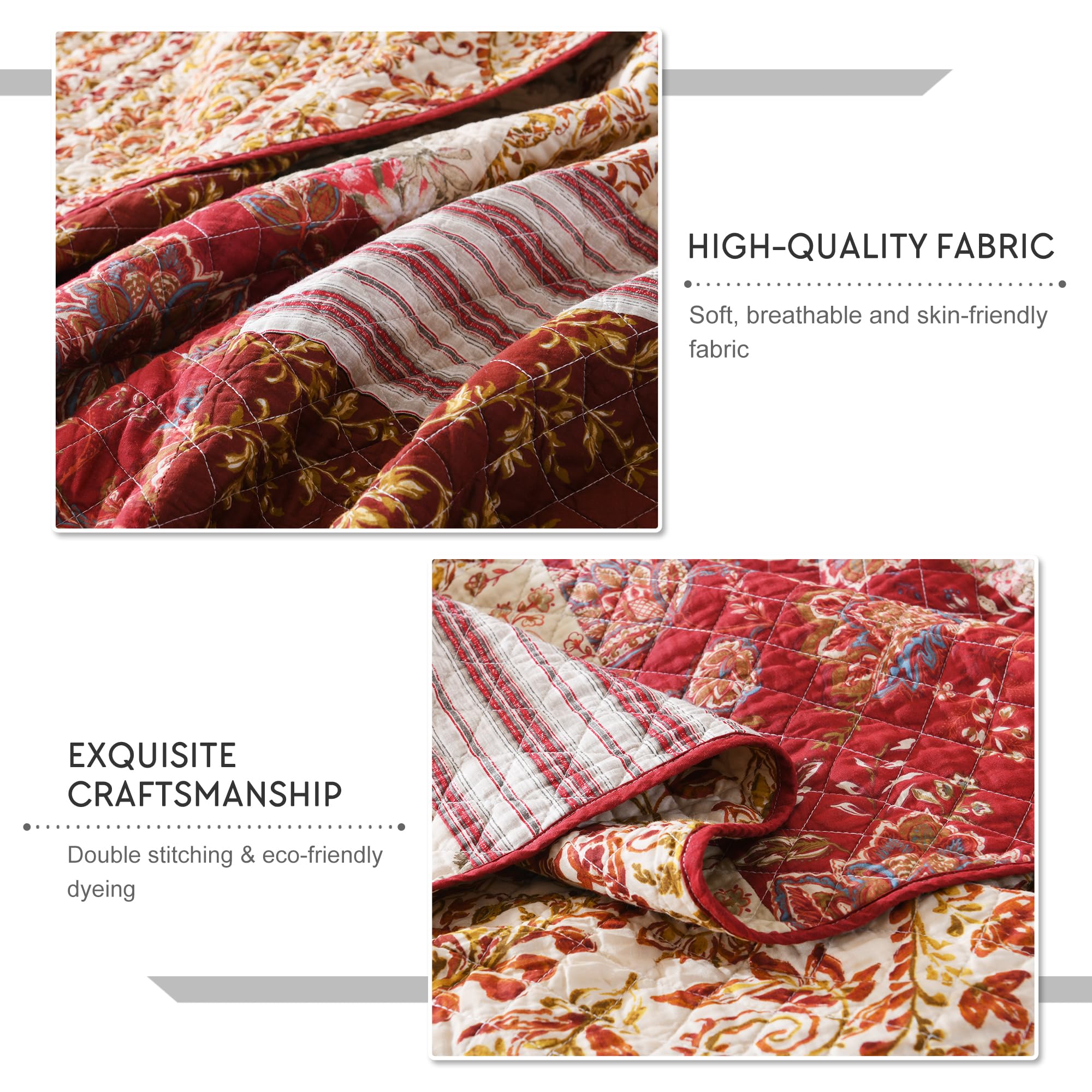 Travan Christmas Quilt Set - King Size 106x92 Inches - 100% Cotton Reversible Quilted Bedding with Shams - Red Floral Stitched Design for Holiday Decor & Cozy Winter Nights