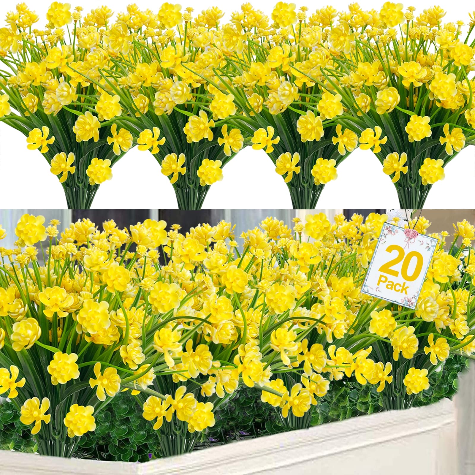 TURNMEON 20 Bundles UV Resistant Artificial Flowers for Outdoor Decor - Fake Plants & Faux Greenery Shrubs for Spring Summer Porch, Garden, Cemetery & Home Decoration (Yellow) | Perfect for Patio, Wedding, Office & Seasonal Displays