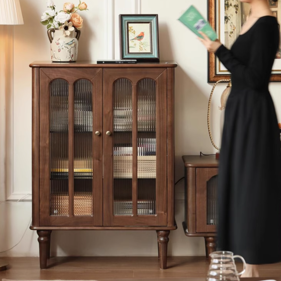 Vintage Black Walnut Solid Wood Side Cabinet - Handcrafted Retro Nightstand for Bedroom, Living Room & Office Storage