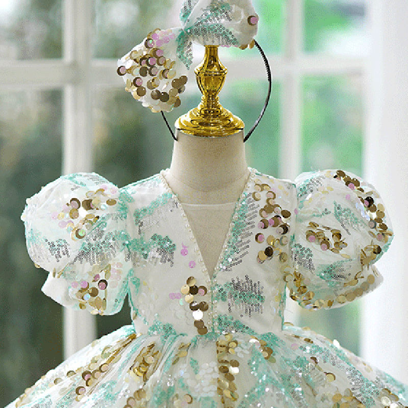 Elegant Baby Girls V-Neck Floral Sequin Princess Dress - Toddler Birthday Party Dress for Special Occasions, Photo Shoots & Holiday Celebrations