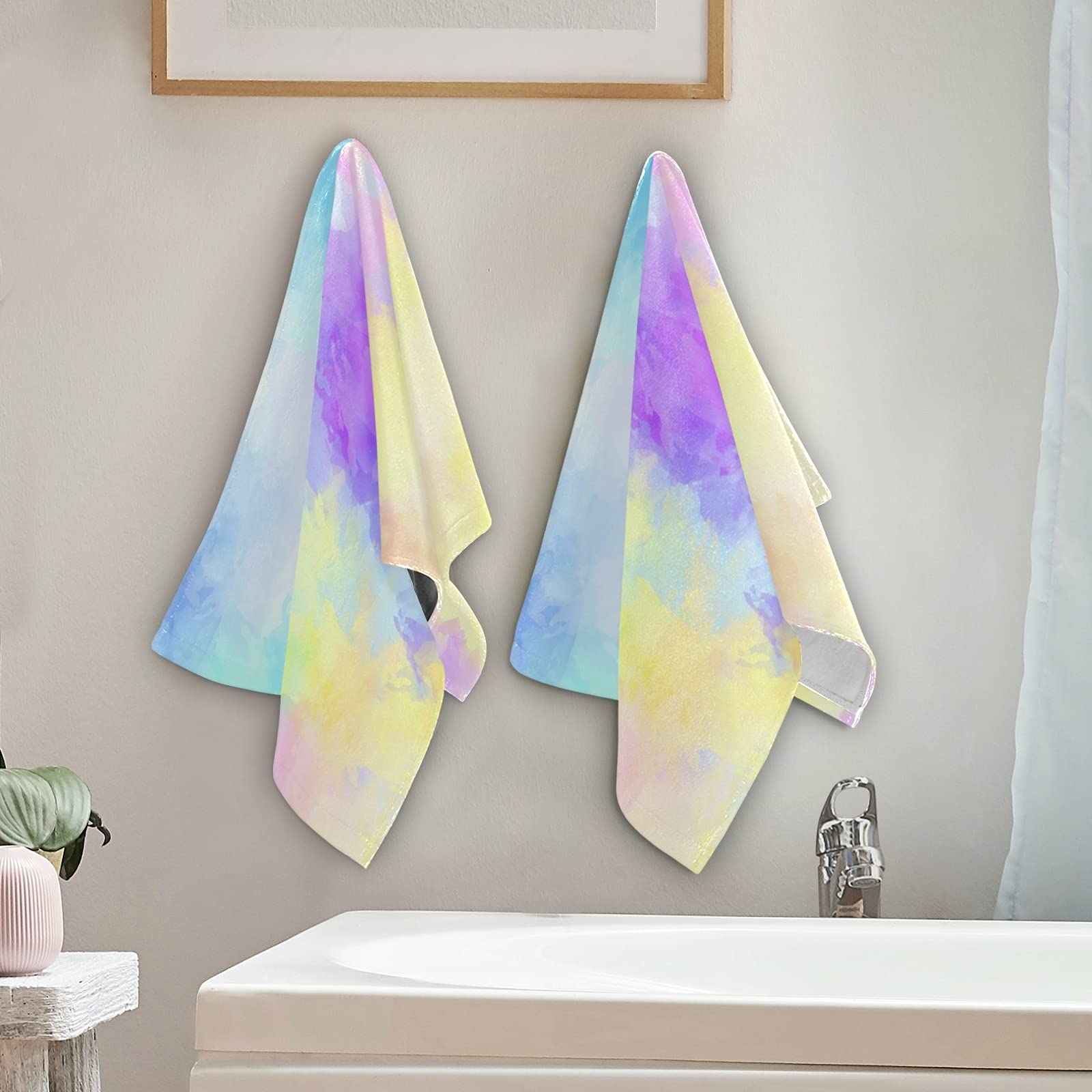 ALAZA Rainbow Tie Dye Yellow Ink Print Hand Towel Set - 2 Pack Absorbent Soft Bath & Kitchen Towels for Bathroom, Dish Drying, Guest Use | Quick-Drying Washcloths for Hotel, Gym, Spa & Home Decor | Perfect for Beach Trips, Picnics & Housewarming Gifts