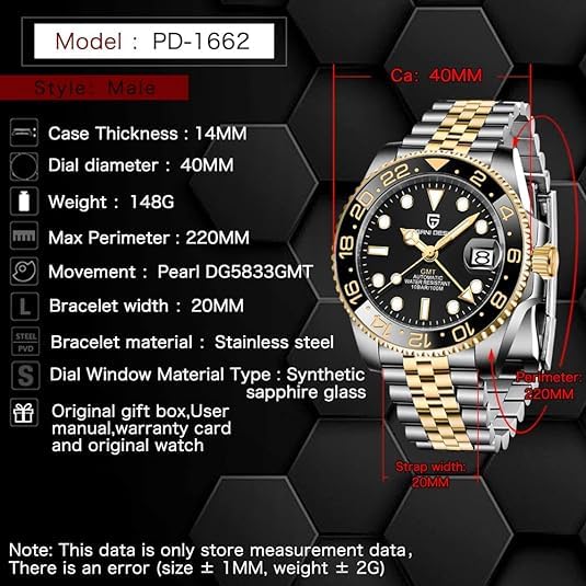 BENYAR Pagani Design Men's GMT Automatic Watch - Sapphire Crystal, Stainless Steel, 100M Waterproof (Model PD-1662) - Perfect for Business, Travel & Everyday Wear