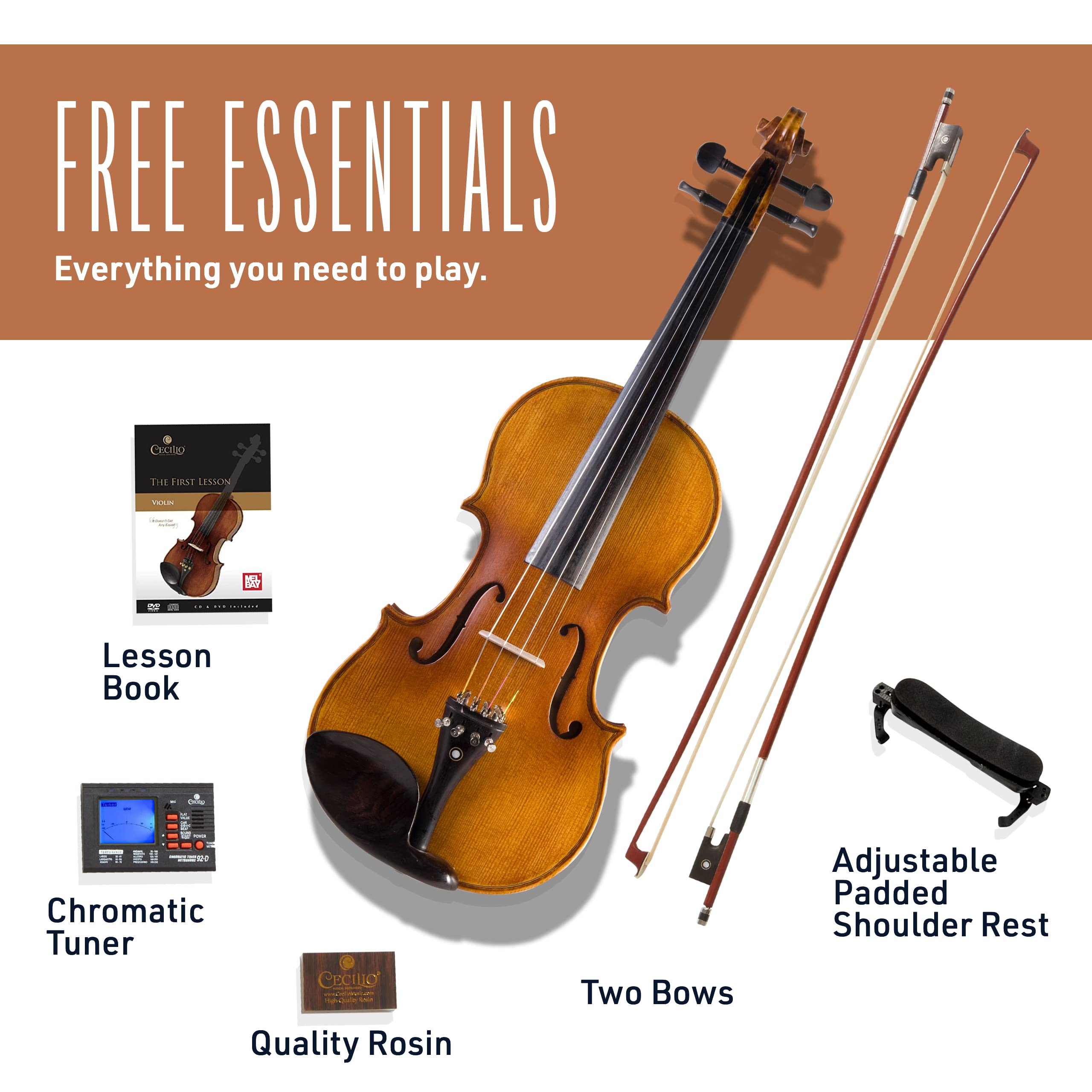 Premium CVN-300 3/4 Size Solid Ebony Wood Violin with D'Addario Prelude Strings - Perfect for Students, Beginners & Intermediate Players - Ideal for Practice, Performances & Music Classes