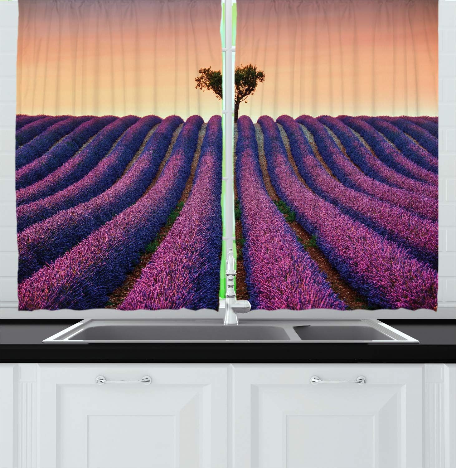 Ambesonne Floral Tree Long Kitchen Curtains - Lavender Field Sunset Valensole France Print, 2 Panel Rod Pocket Drapes 55x45 Inches, Purple Peach - Perfect for Farmhouse, Cottage & French Country Kitchen Decor