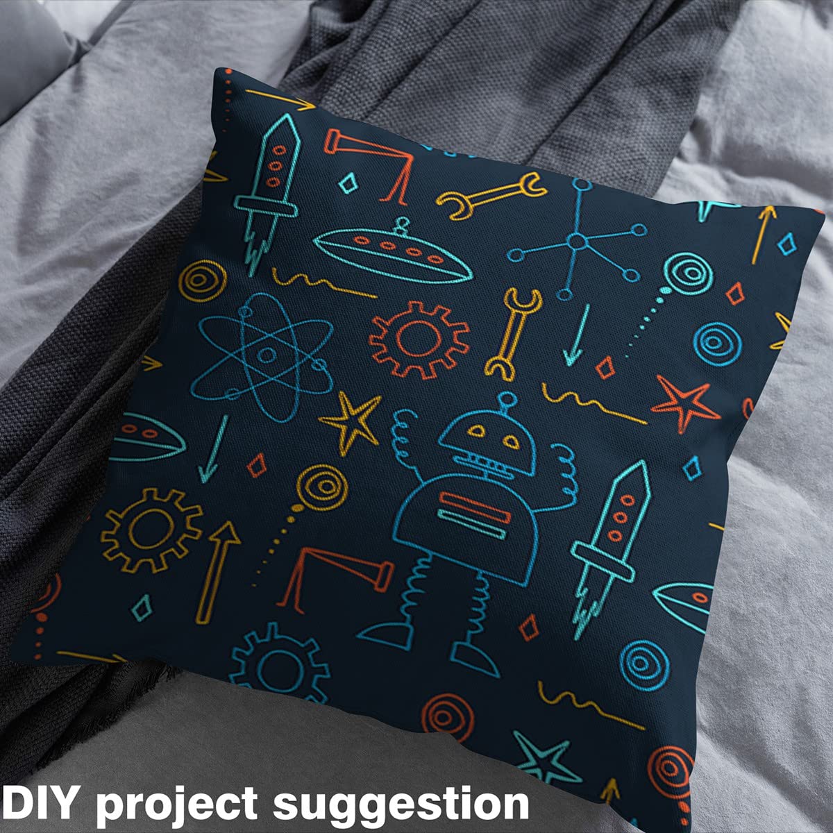 Cartoon Robot Fabric by The Yard - Blue Orange Rocket Print Cotton Fabric for Quilting, Sewing, DIY Clothing & Upholstery - Science Themed Decorative Fabric for Chairs, Crafts, Patchwork & Gear Machine Projects (10 Yards) - Perfect for Kids' Room Decor, Science Fair Backdrops & Unique Gift Wrapping