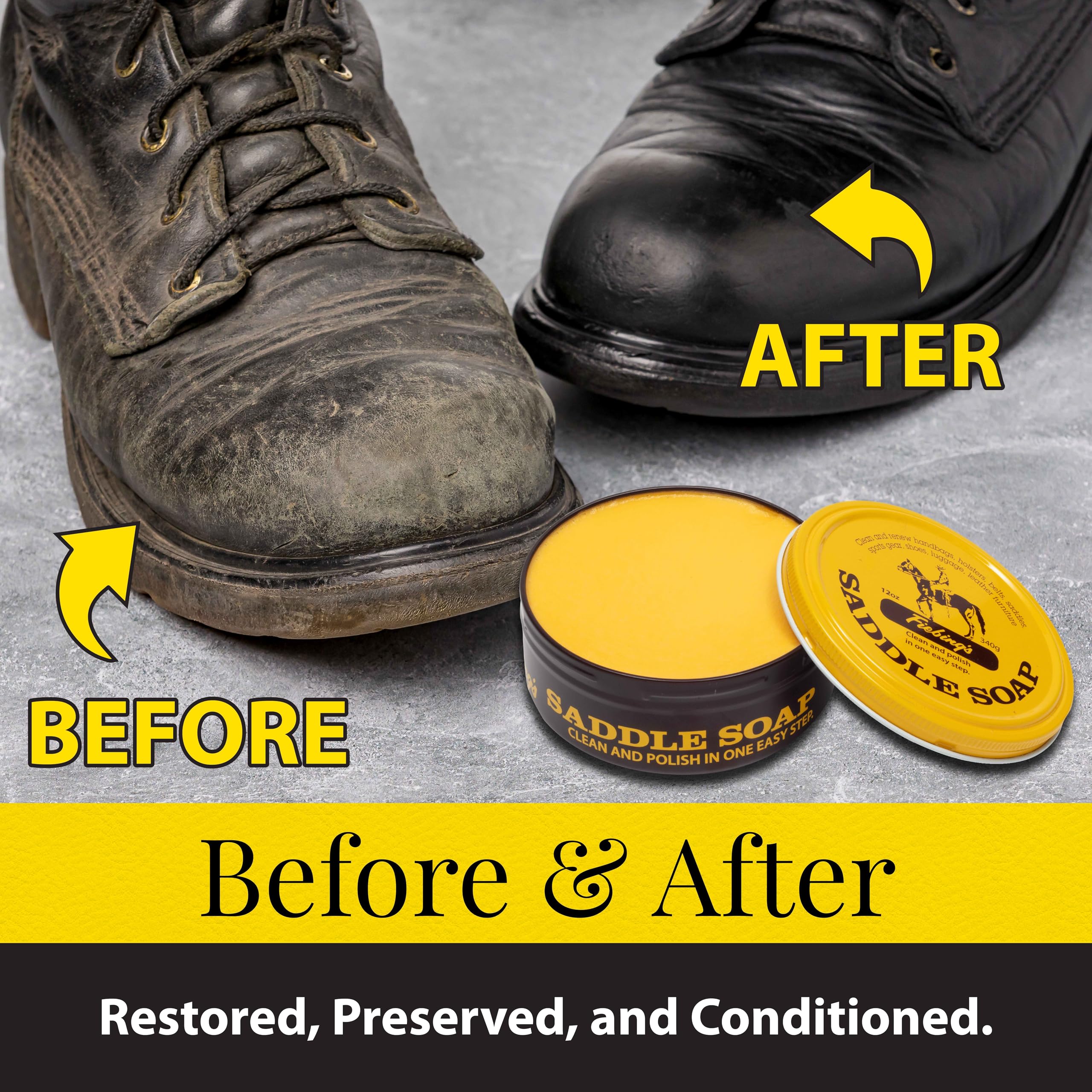 Fiebing's Yellow Saddle Soap for Leather (2 Pack, 12 oz Each) - Premium Leather Cleaner & Conditioner to Soften, Protect & Restore Leather Items - Ideal for Car Seats, Couches, Shoes, Boots, Bags & Purses - Perfect for Leathercraft, Auto Detailing & Home Care