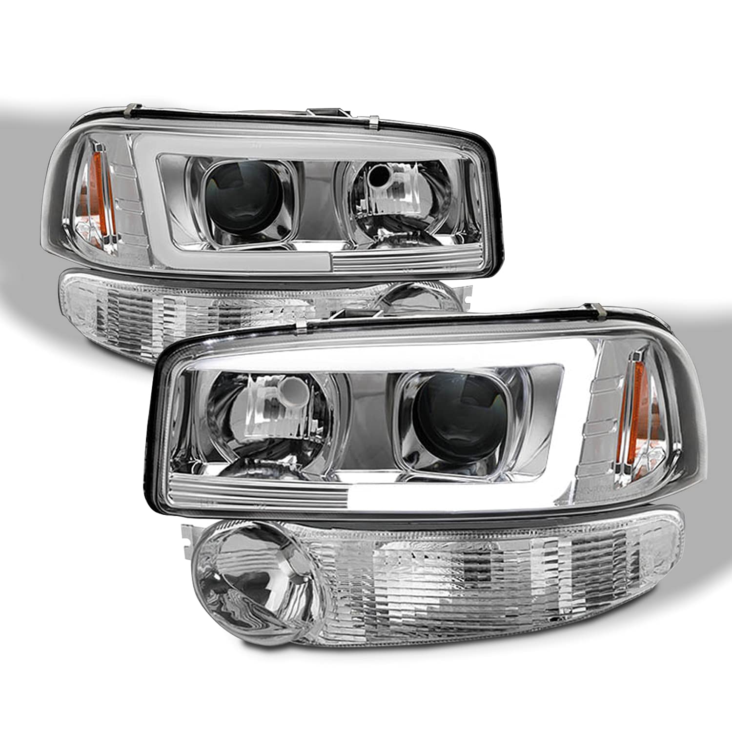 AKKON LED Tube DRL Projector Headlights & Bumper Lights for 1999-2006 GMC Sierra Yukon XL Denali - Chrome Housing | Upgrade Your Truck's Style & Night Visibility