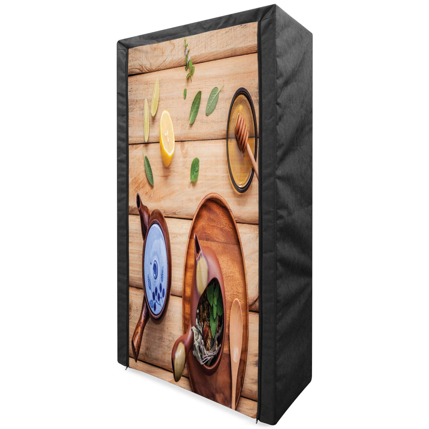 Ambesonne Tea Party Portable Fabric Wardrobe - Herbal Tea Pot Design with Sage, Peppermint & Lime on Rustic Wood - 33.5 Inch Multicolor Clothing Organizer with Shelves - Perfect for Bedroom, Closet & Dorm Storage