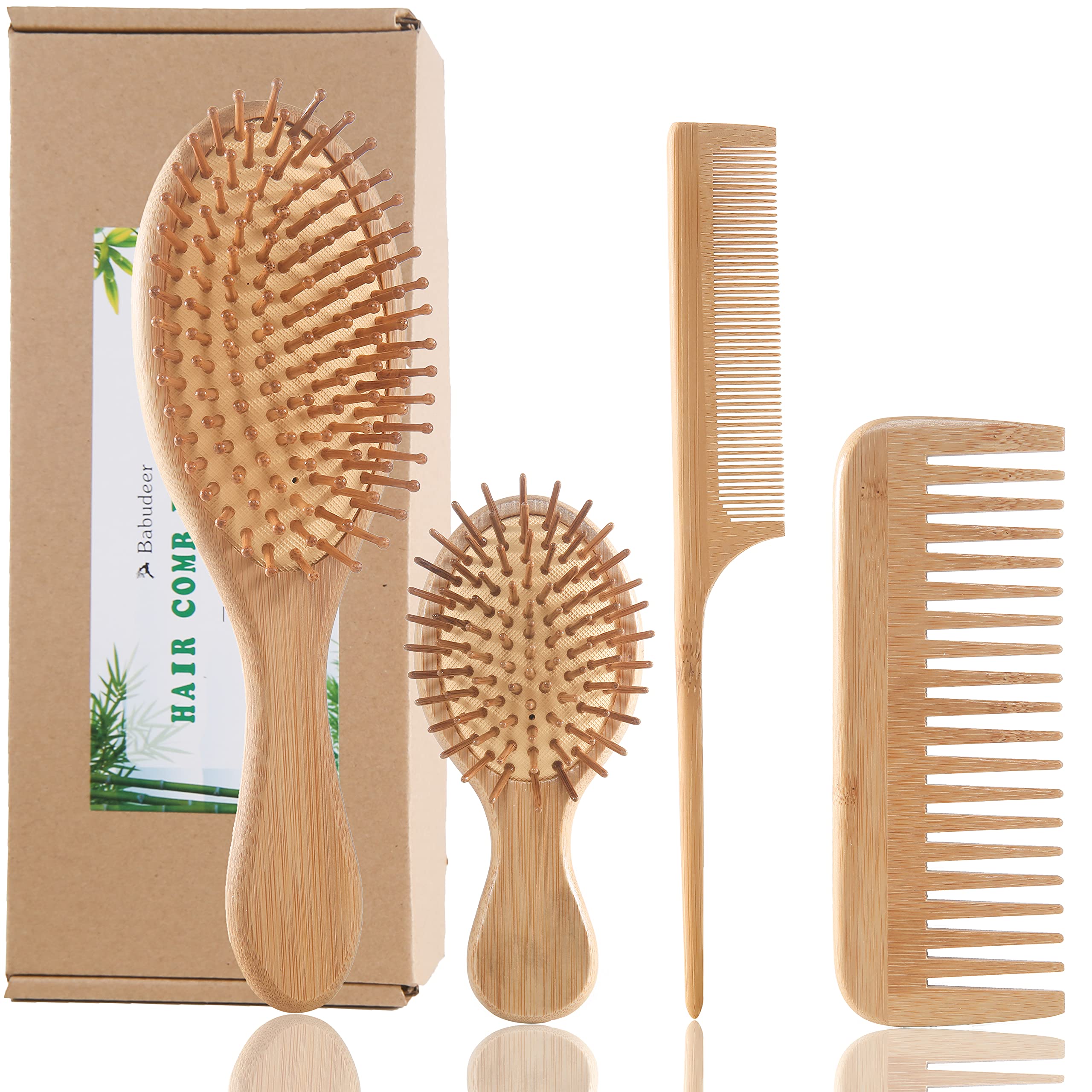 Eco-Friendly Bamboo Hair Brush Set - Anti-Static Detangling Brush for Women & Men with Tail Comb, Tooth Comb & Massage Brush (Mini & Large Size) for All Hair Types - Thick, Thin, Curly, Straight, Dry or Wet Hair - Perfect for Home, Travel & Salon Use