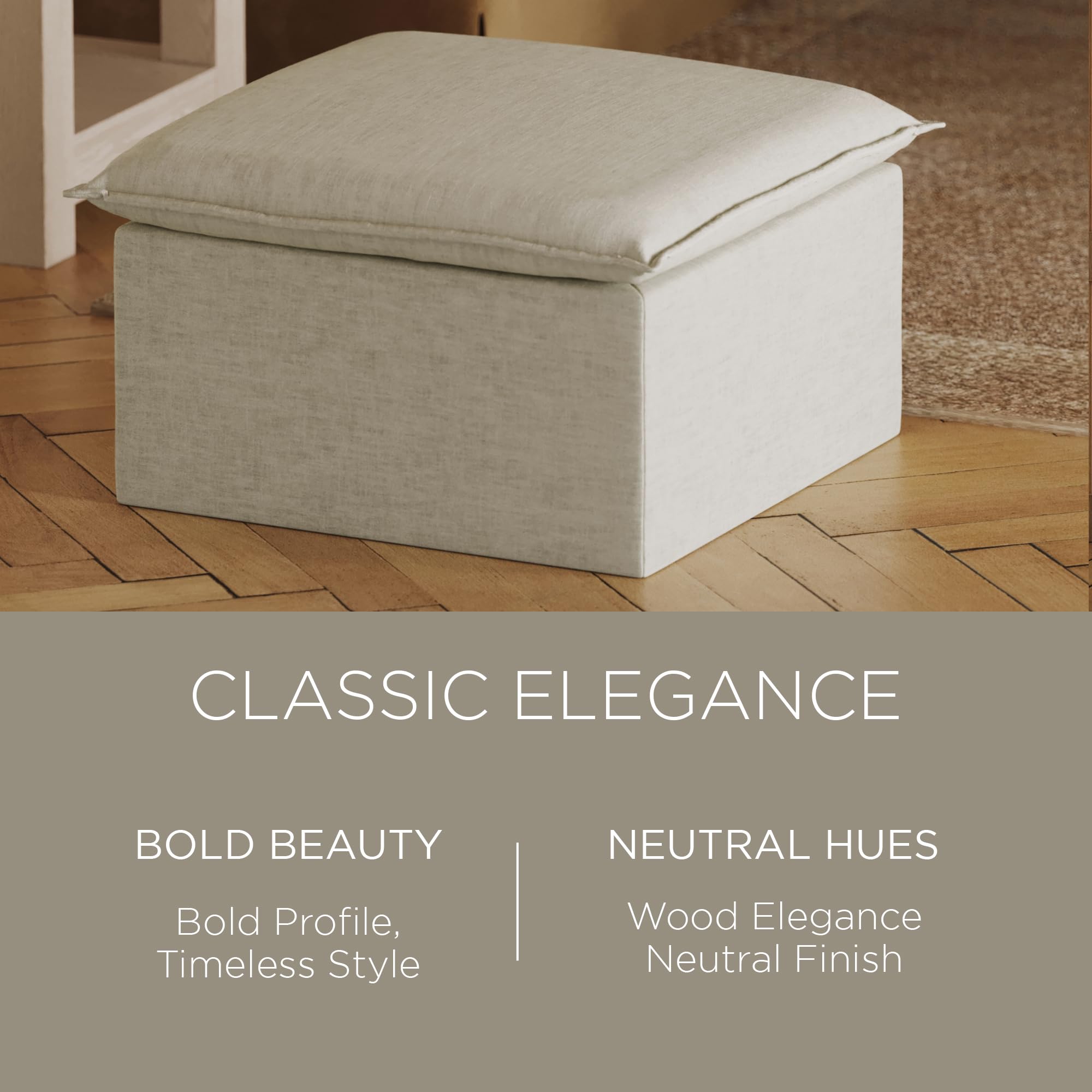 Maven Lane Claude Large Square Rustic Upholstered Ottoman with Cushion - Soft Dove Fabric Footrest for Living Room, Bedroom, Dorm - Perfect for Relaxing, Extra Seating & Home Decor