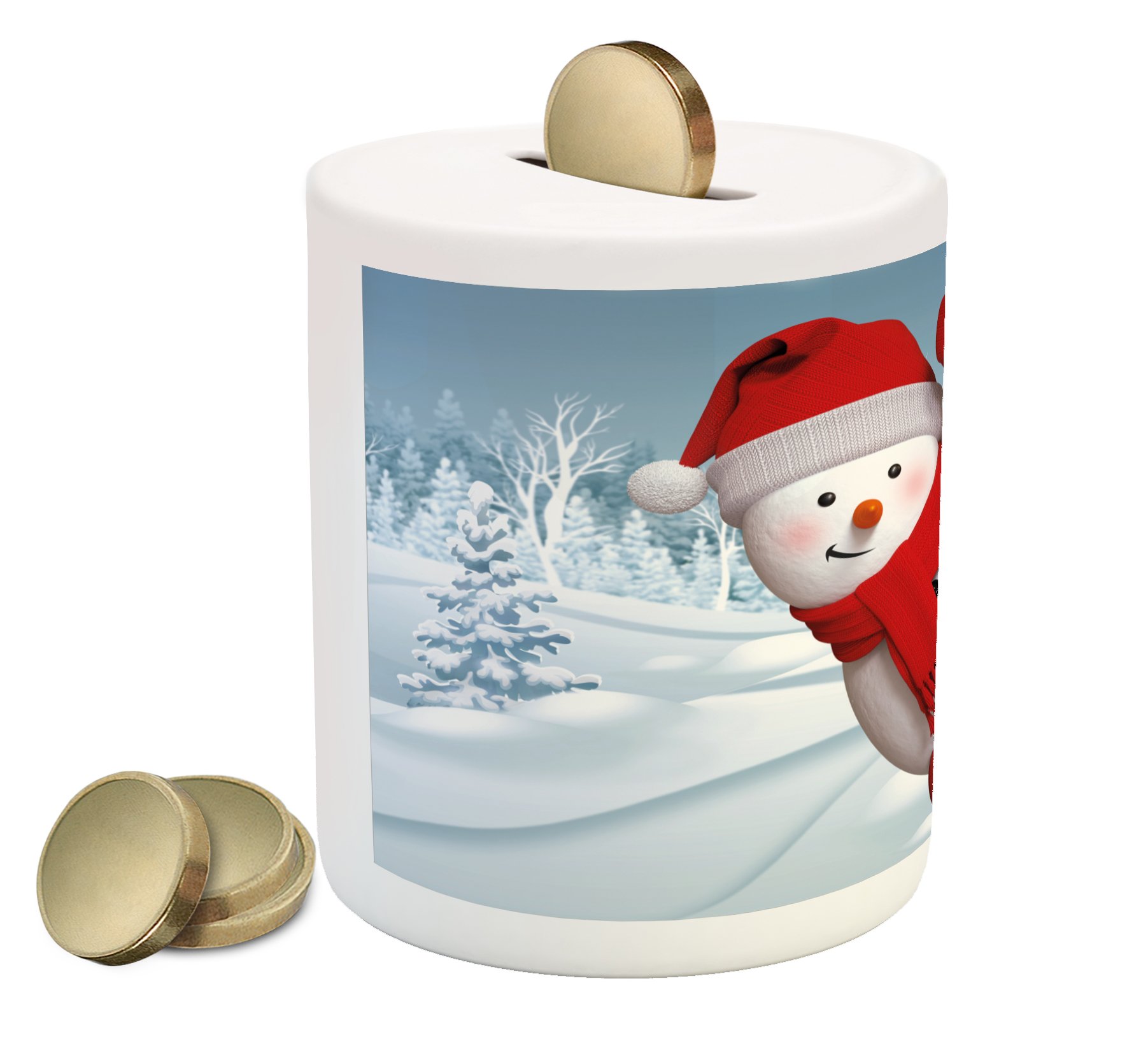 Ambesonne Snowman Piggy Bank - Funny Peeking Character Ceramic Coin Bank with Snowy Fir Woodland Design for Cash Savings | Christmas Gift, Home Decor, Kids Room Savings (Red, Blue-Grey, White)