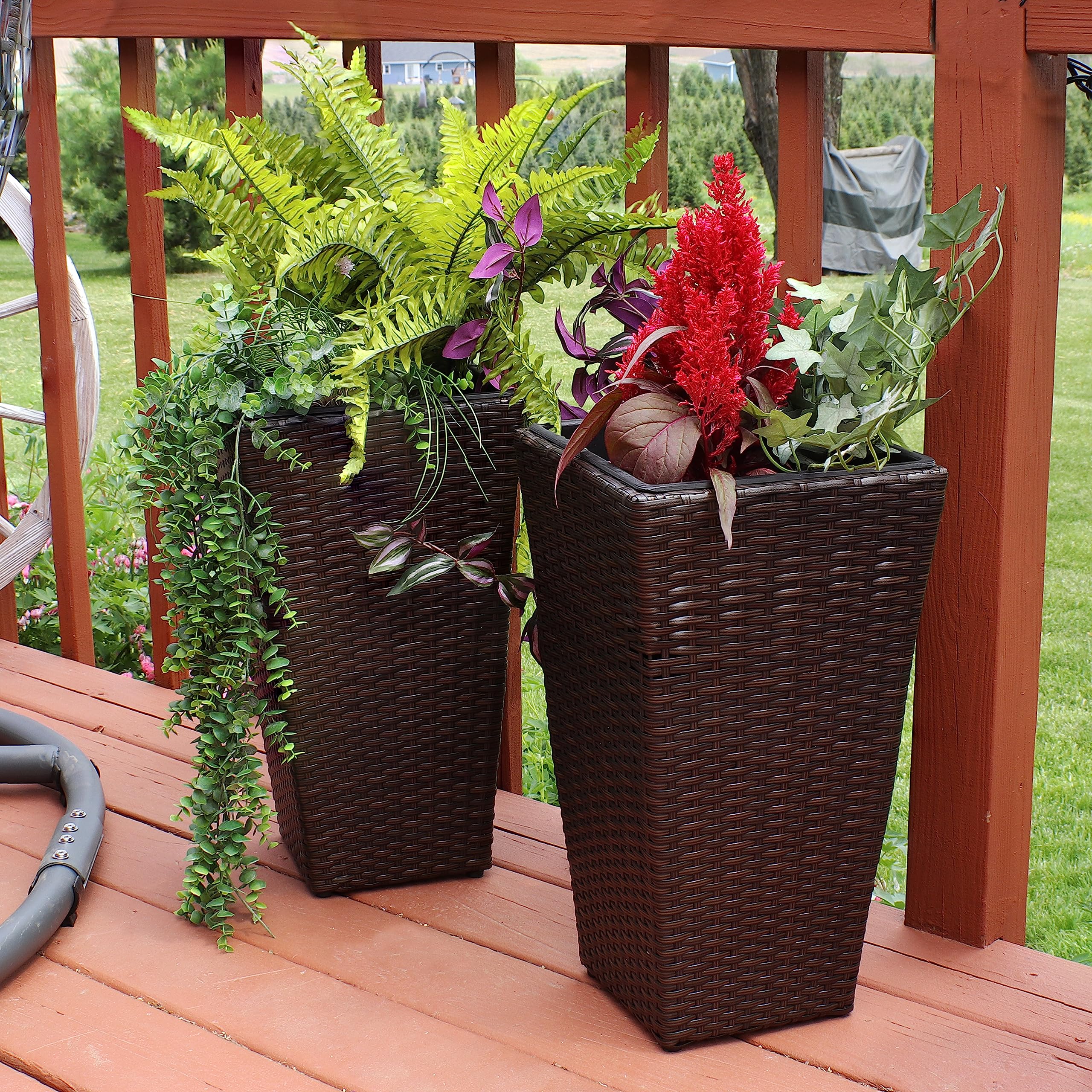 20-Inch Tall Square Polyrattan Indoor/Outdoor Planters - Set of 2 in Brown - Perfect for Patio, Garden, and Home Decor