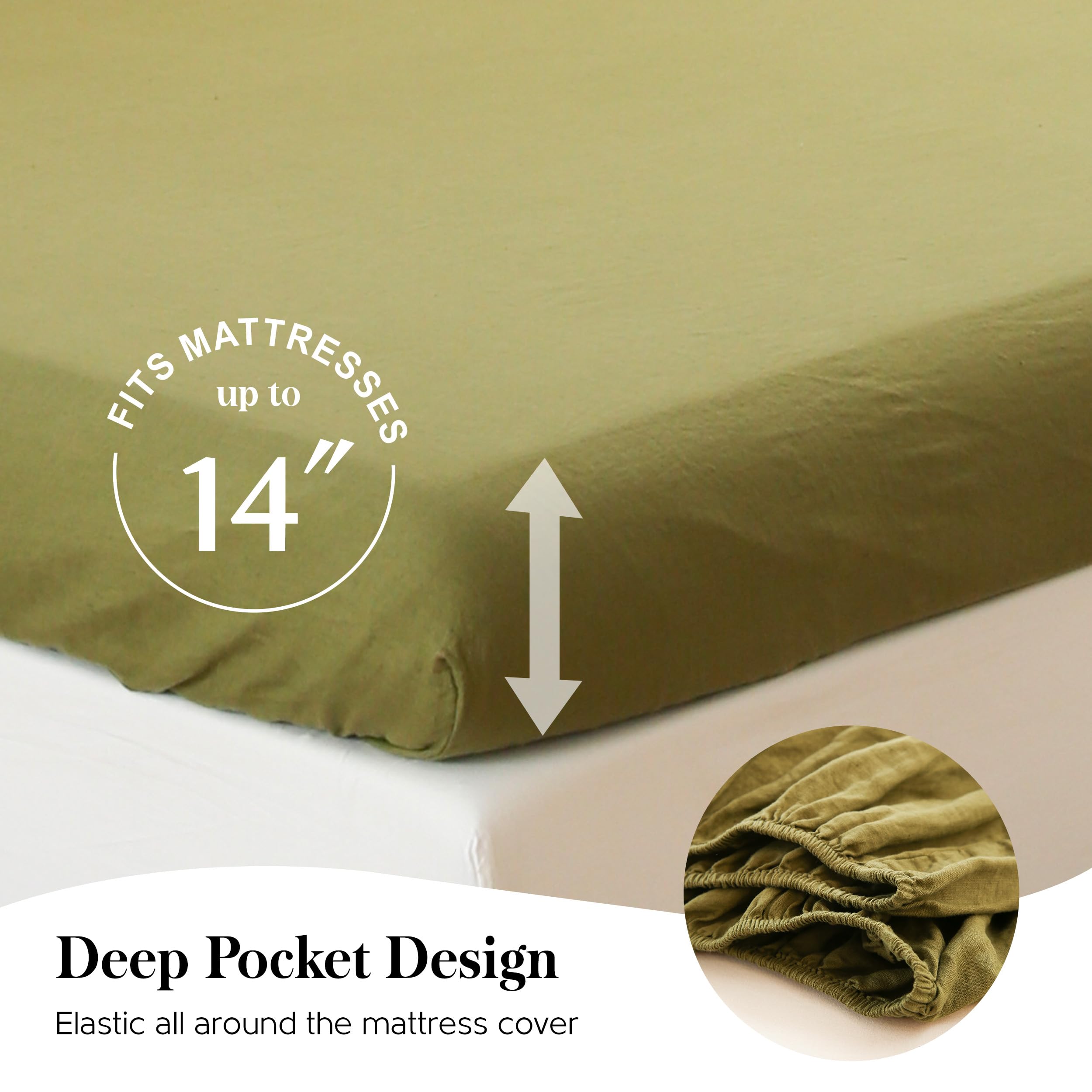 100% Pure Linen Sheet Set Full Size - Natural French Flax 4-Piece Washed Breathable Bedding (Flat Sheet, Fitted Sheet, 2 Pillowcases) in Olive Green with Embroidery | Farmhouse & Bohemian Style | Perfect for Hot Sleepers & Eco-Friendly Homes