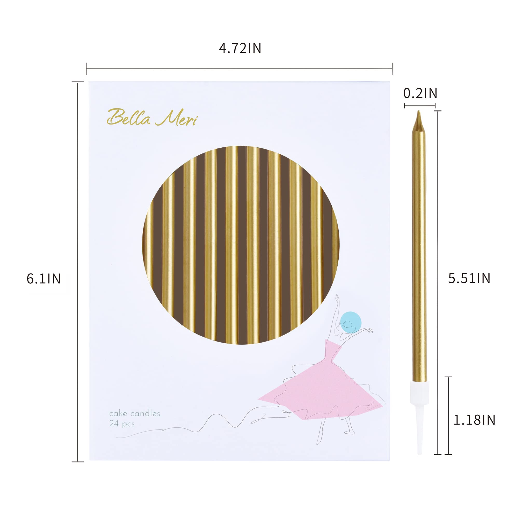Bella Meri Gold Long Thin Metallic Birthday Candles - Elegant Cake Candles for Birthday Parties, Wedding Decorations & Special Events - Perfect for Cakes, Cupcakes & Dessert Tables