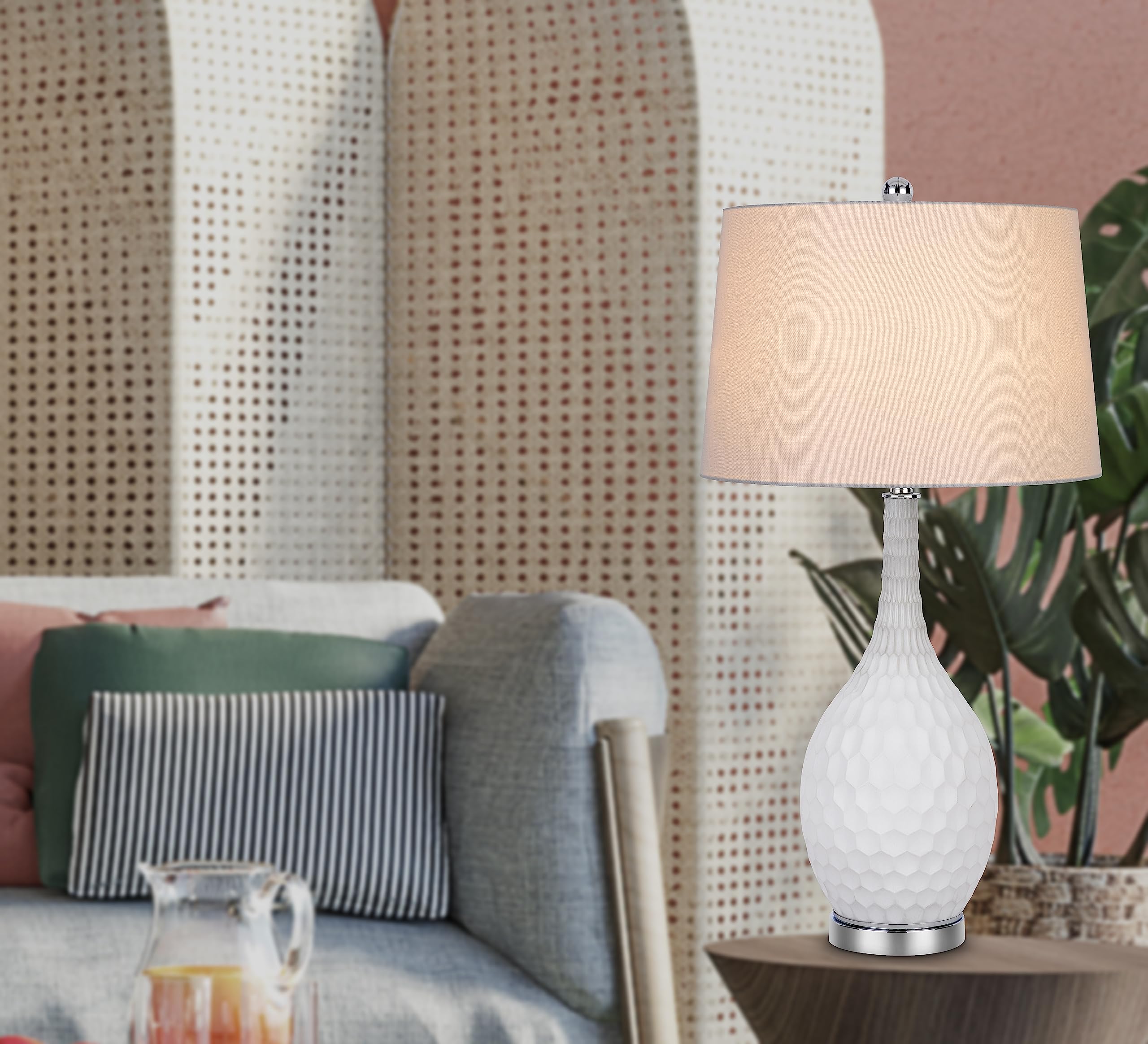 150W 3-Way Glass Table Lamp with Taper Drum Fabric Shade - Set of 2 - Perfect for Living Room, Bedroom or Office Lighting Decor
