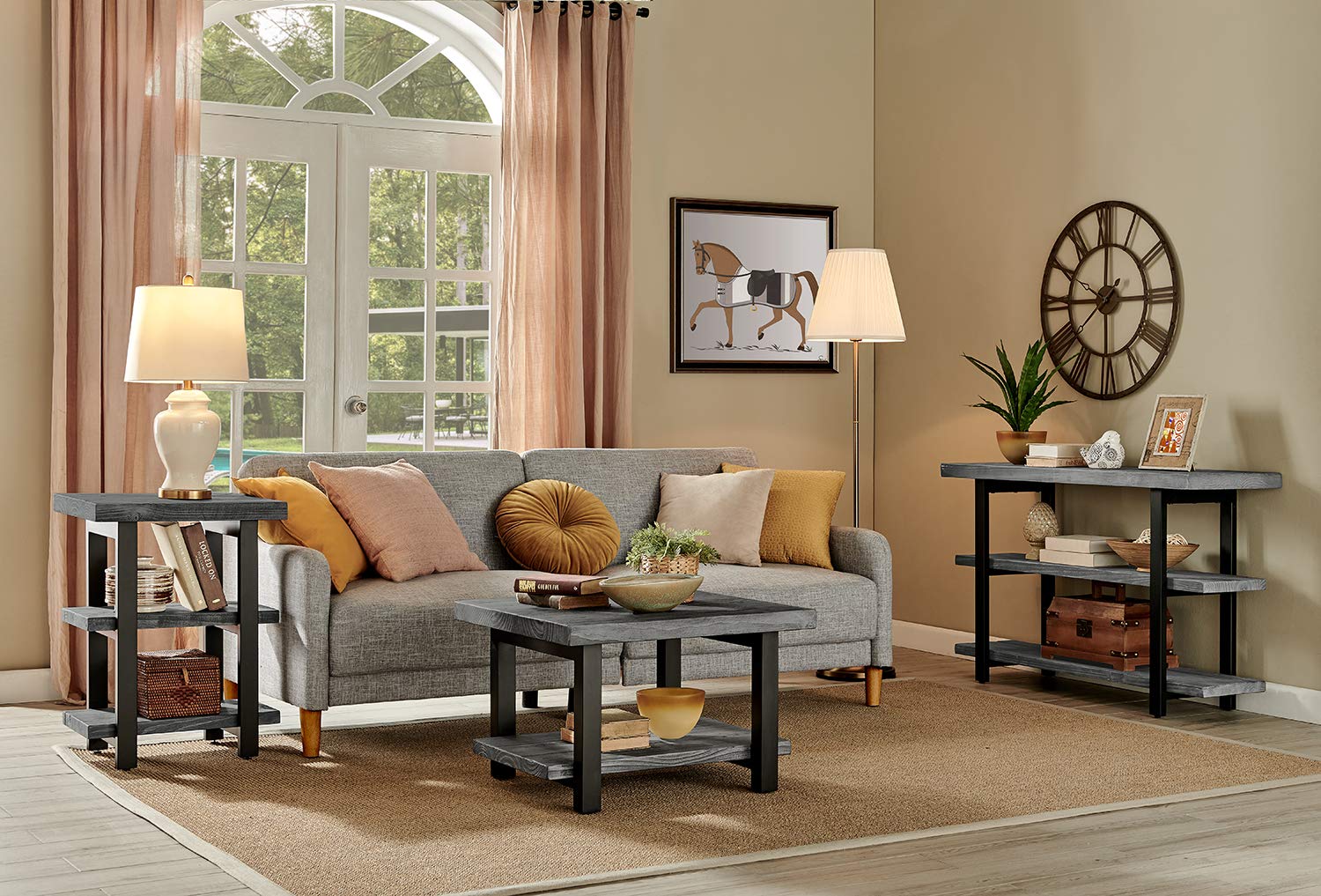 Alaterre Pomona Industrial 2-Tier End Table - Solid Pine Wood & Metal Legs in Slate Gray - Sturdy Side Table for Living Room, Bedroom or Office - Rustic Home Decor Accent Piece