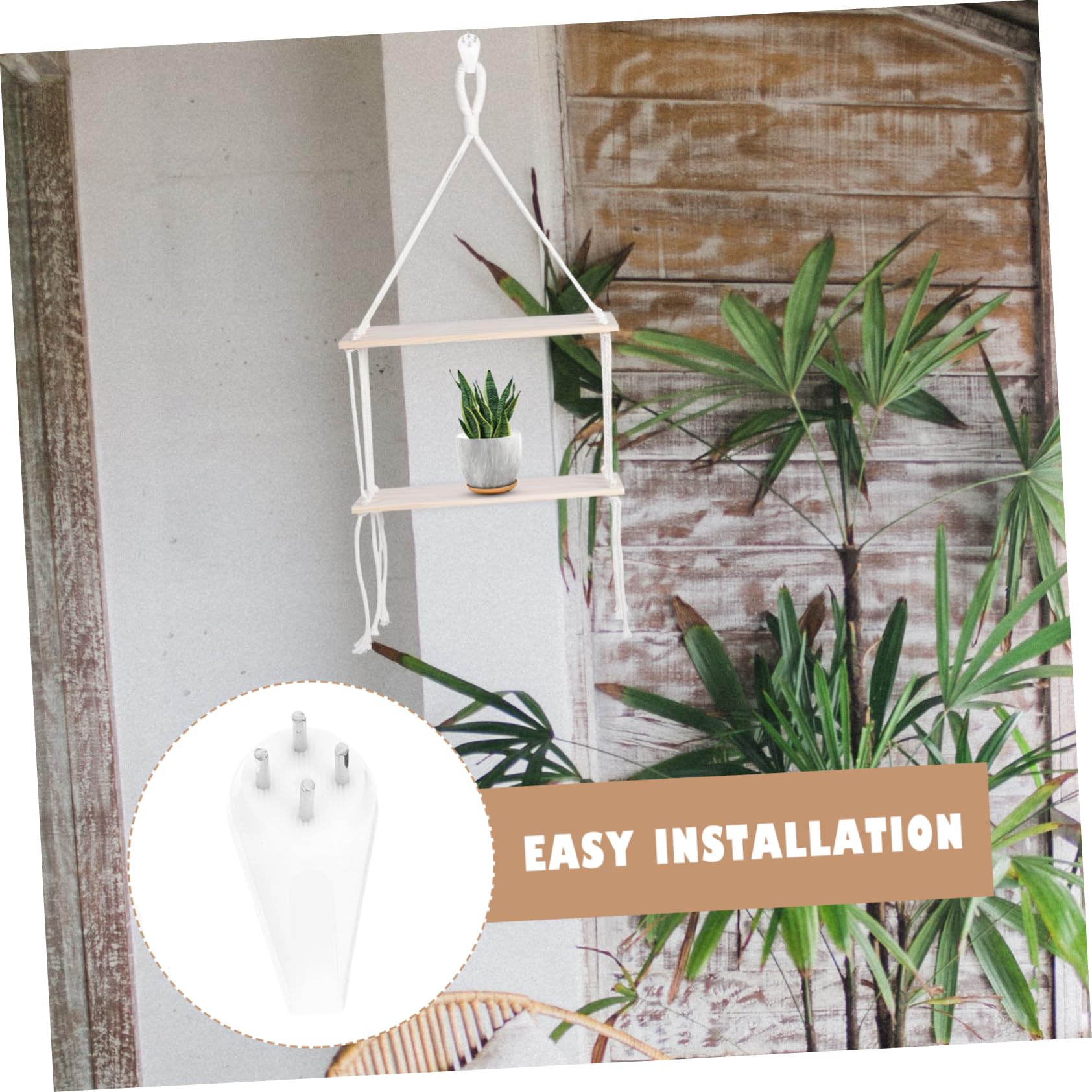 OFFSCH 1pc Macrame Plant Shelf - White Wood Hanging Pot Rack for Indoor Plants, Small Home Decor with Boho Style | Perfect for Living Room, Bedroom, or Kitchen Plant Display