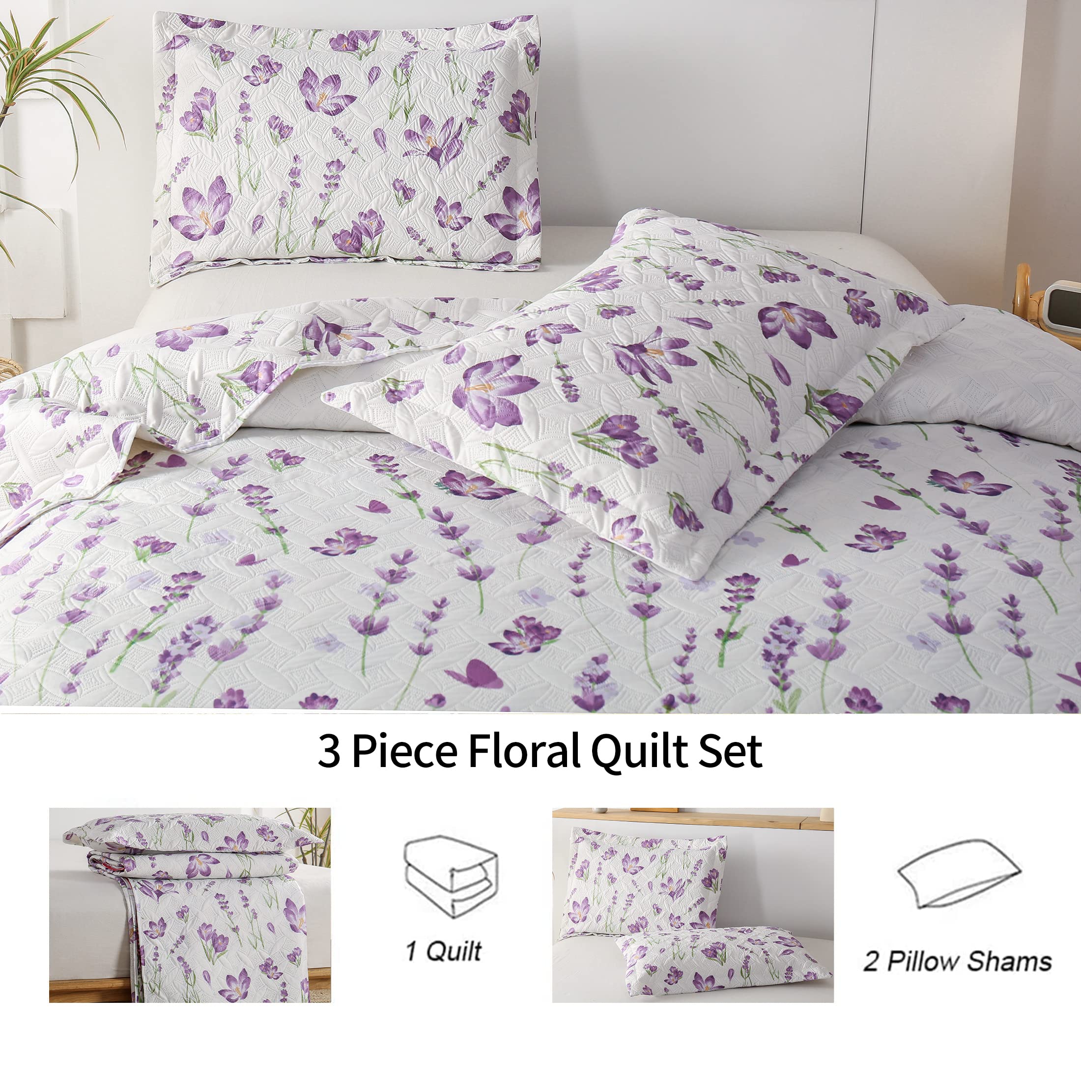 **Queen Size Floral Quilt Set - Lightweight Reversible Summer Bedspread with Green Leaves & Purple Flowers - Soft Home Bedding for Cozy Nights & Guest Rooms**