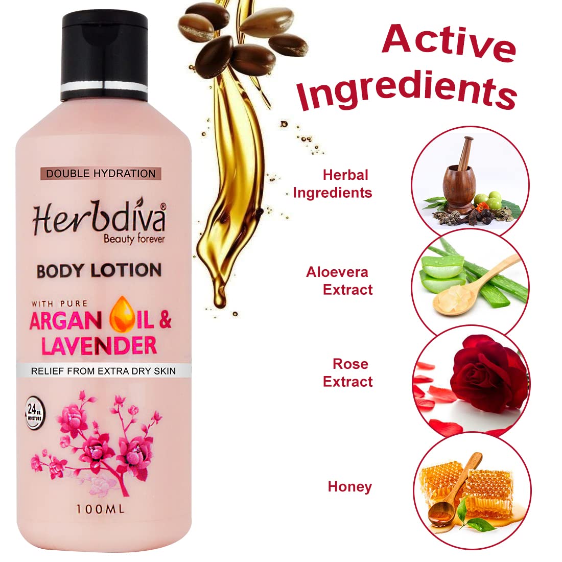 Herbdiva Double Hydration Body Lotion with Argan Oil & Shea Butter - 100ml Each, Enriched with Lavender for 24HR Moisturizing - Cruelty Free Dry Skin Relief Cream - Pack of 2 - Perfect for Daily Hydration & Nighttime Skin Care