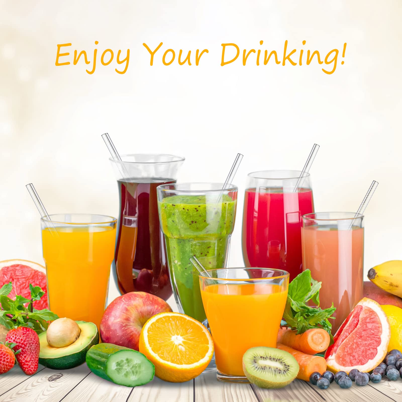 Kiemeu 16 Pack Clear Glass Drinking Straws - 8 Short & 8 Long Reusable Straws (7mm Diameter) for Cocktails, Smoothies, Iced Coffee & Home/Office Use