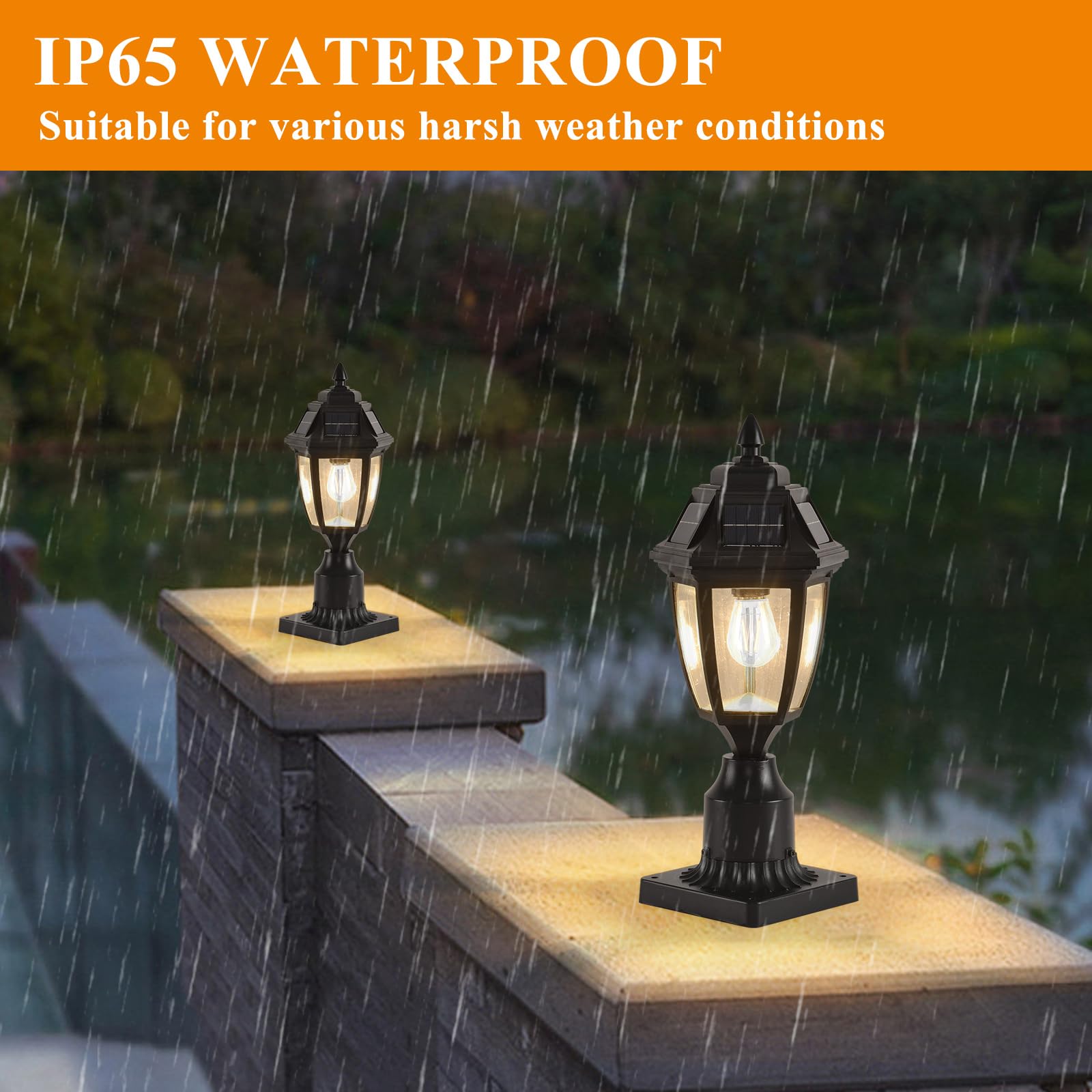Solar Powered Outdoor Post Lights 2 Pack - Black Dusk to Dawn Column Lights with Pier Mount Base | Waterproof LED Pathway Lighting for Porch, Yard, Driveway, Garden & Landscape Decoration