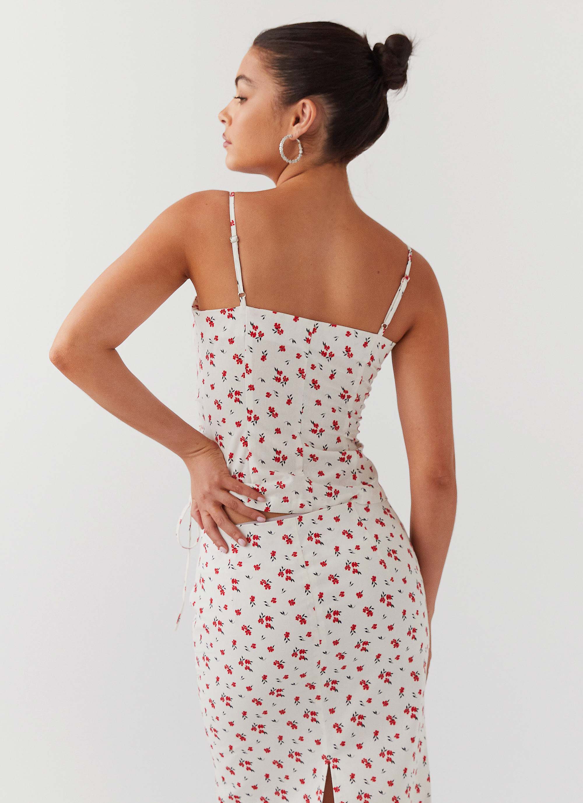 Ariana Linen Bustier Top - Floral Poppy Print Women's Summer Crop Top | Perfect for Beach Vacations, Date Nights & Boho Outfits