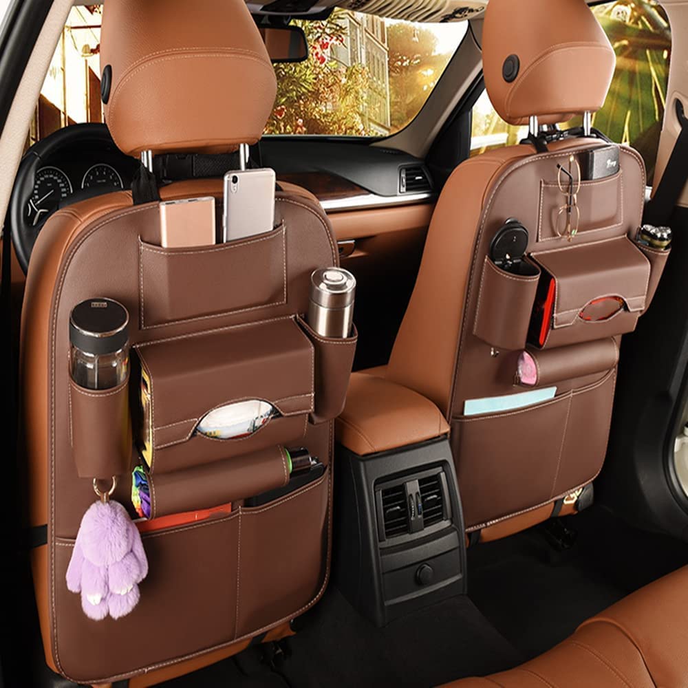 PU Leather Backseat Car Organizer - Universal Travel Storage Bag with Pockets & Kick Mats | Back Seat Protector for Kids | Perfect for Road Trips & Family Travel Accessories
