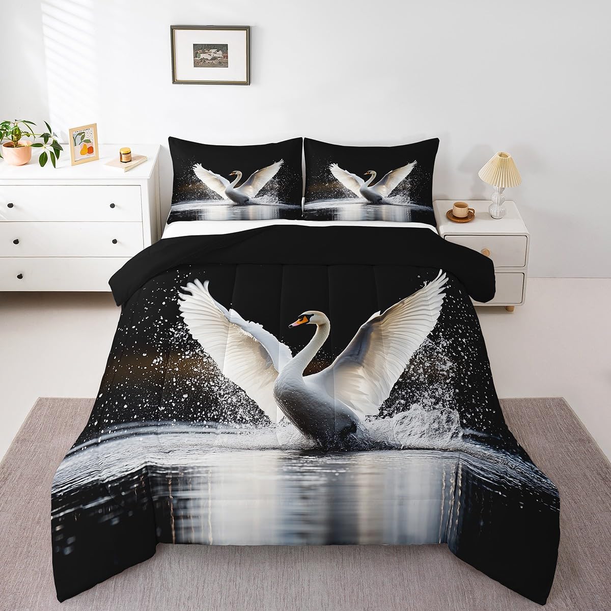 Black Swan Lake Queen Size Duvet Insert - Ocean Wildlife Comforter Set with White Goose Design, Wild Animals Bedding for Kids, Teens & Adults | Perfect for Nursery, Bedroom Decor & Themed Rooms
