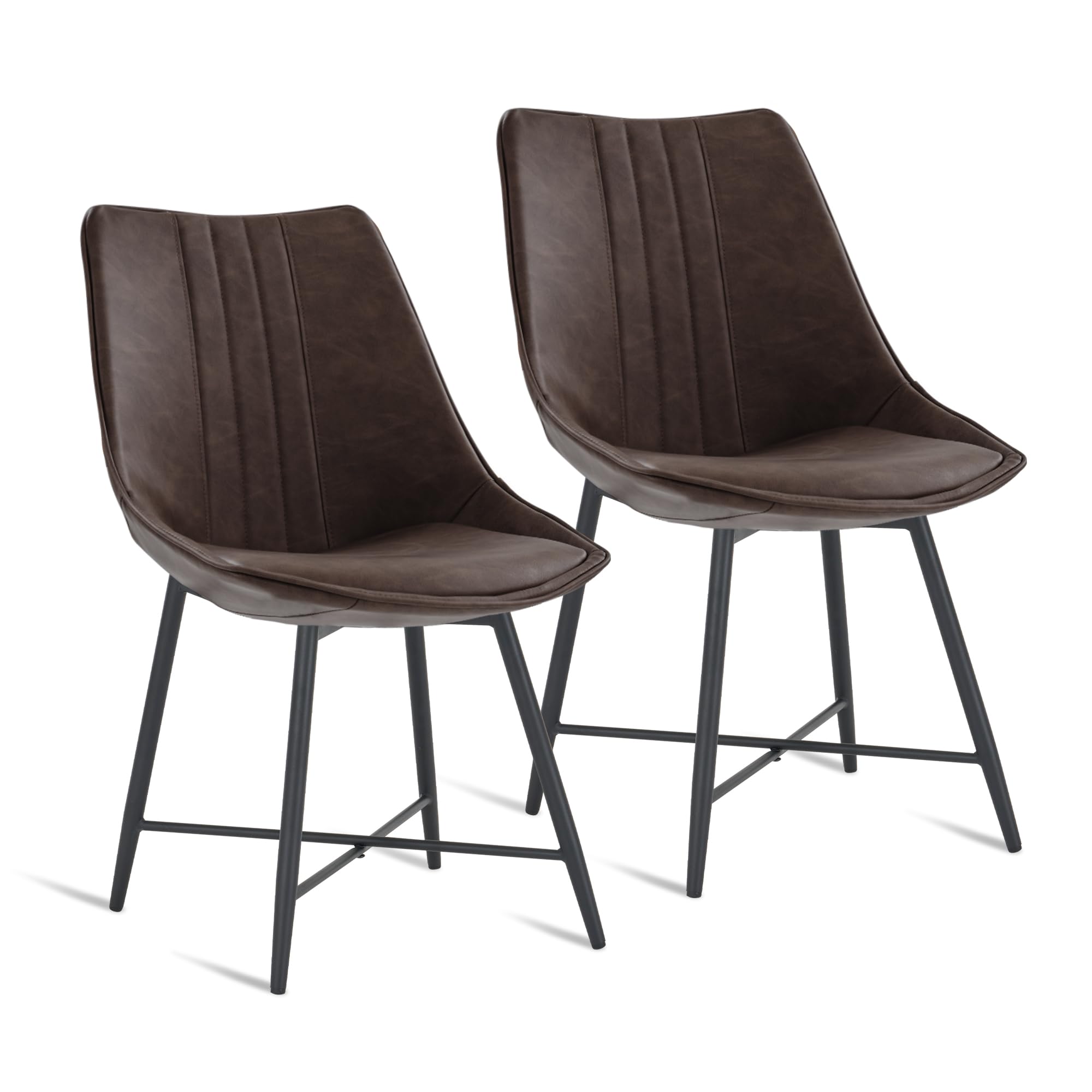 MOJAY Set of 2 Brown Faux Leather Dining Chairs - Modern Armless Upholstered Side Chairs with Sturdy Metal Legs for Dining Room, Kitchen, Bedroom & Vanity - Perfect for Small Spaces, Breakfast Nooks & Home Offices