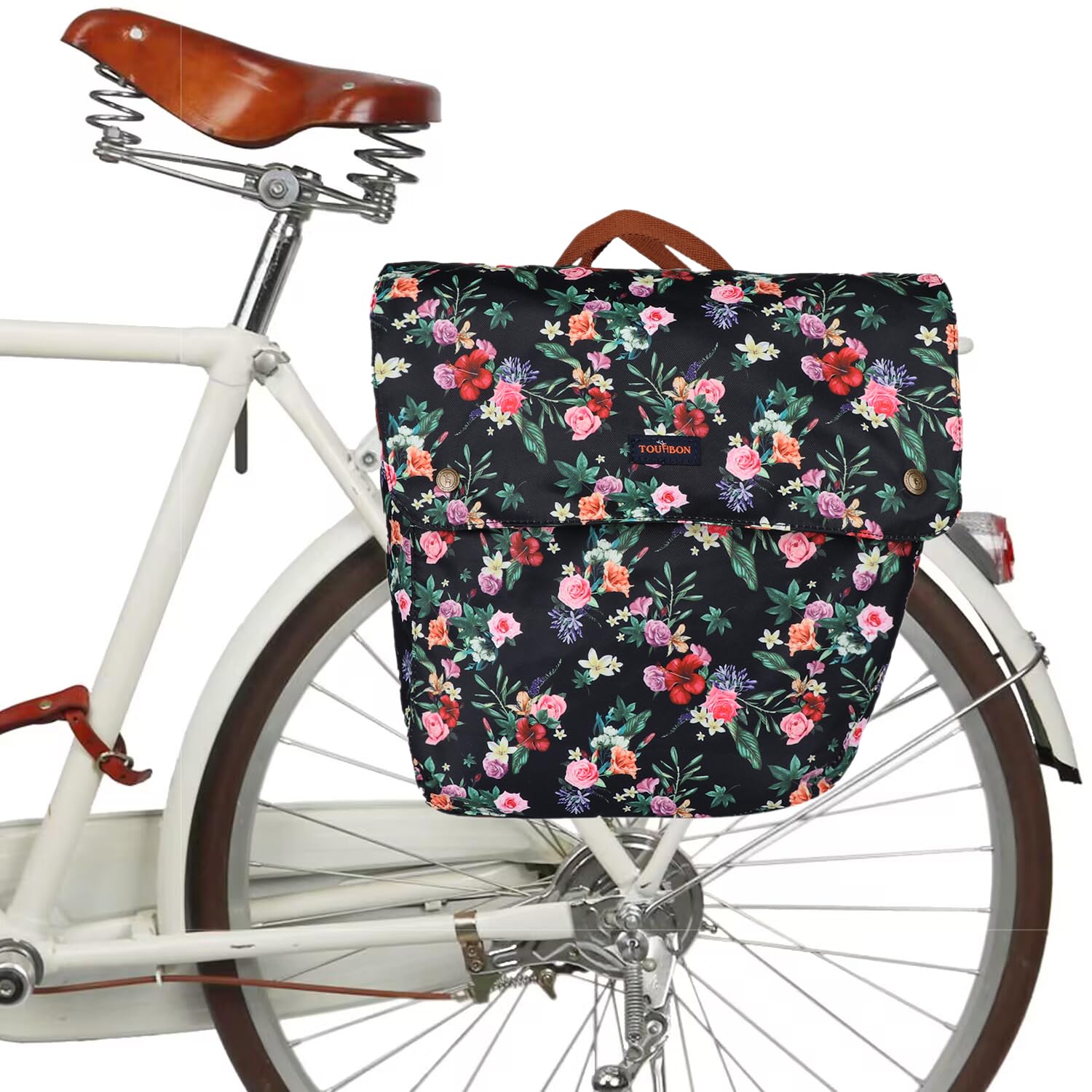 TOURBON Bike Pannier Bag - Waterproof Double Side Rear Rack Bicycle Seat Bag with Roll-Up Design (Black Floral Pattern) - Perfect for Commuting, Cycling Tours & Outdoor Adventures