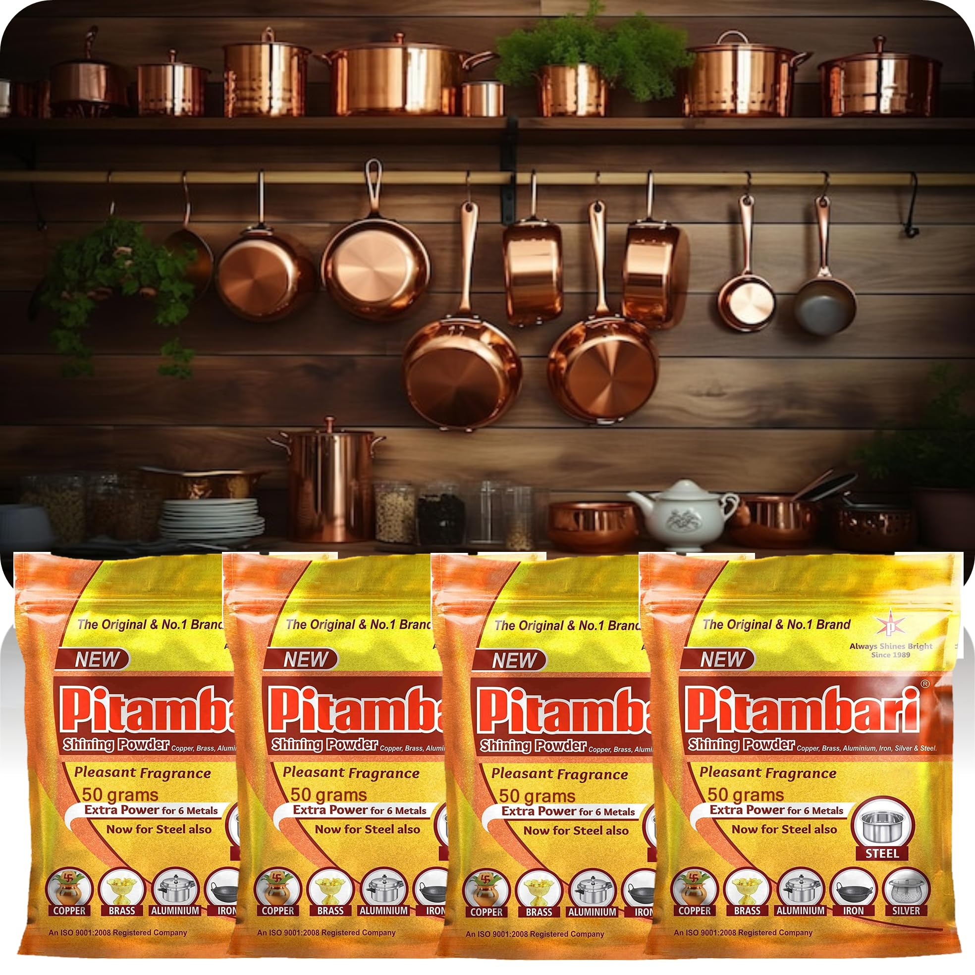 Pitambari Shining Powder for 6 Metals (Copper, Brass, Aluminum, Iron, Silver, Steel) - 4 Pack (50g Each) | Utensil Cleaning Soap for Puja & Dish Washing | Perfect for Religious Ceremonies & Kitchen Cleaning