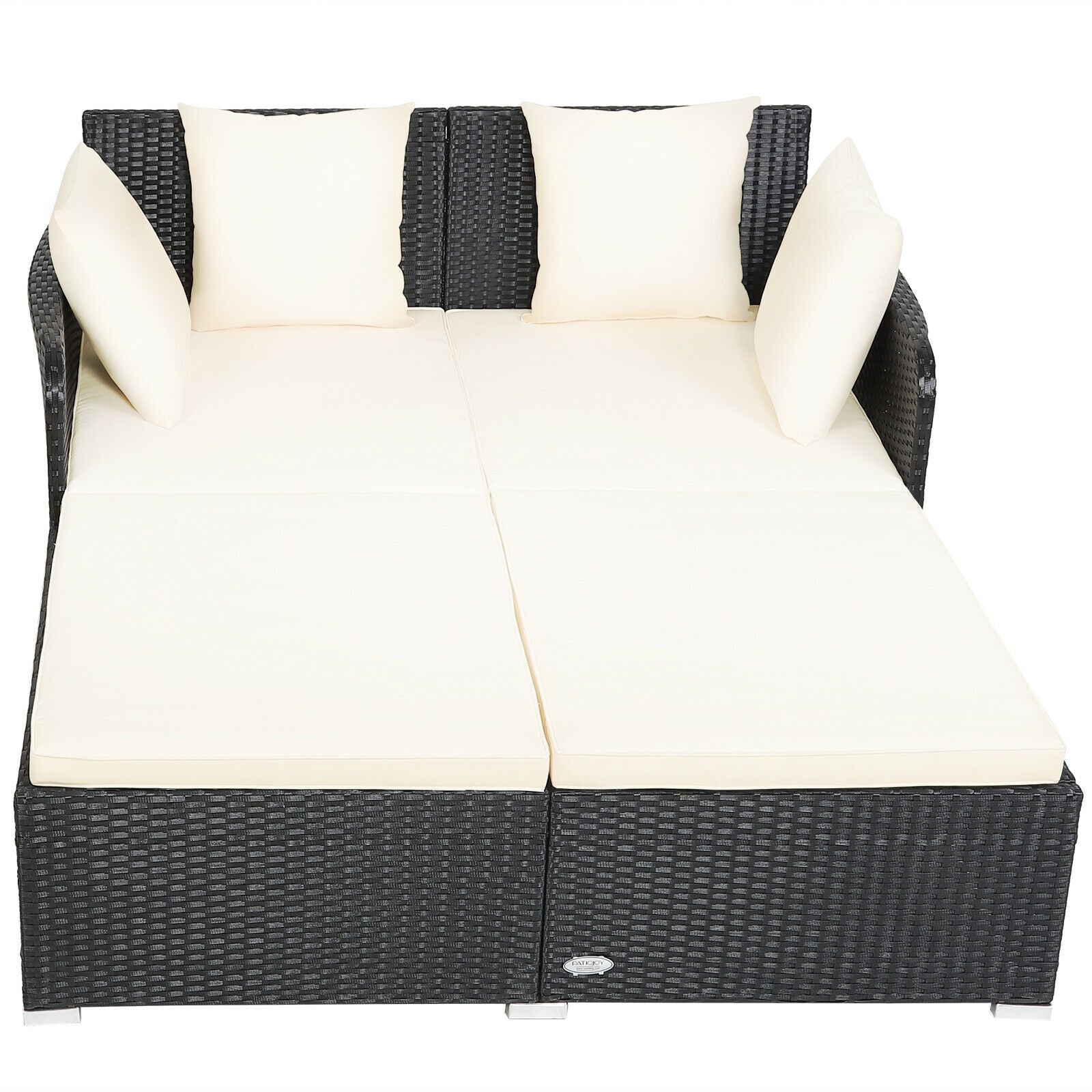Premium White Outdoor Rattan Daybed with Upholstered Cushions & Pillows - Spacious Patio Lounger for Poolside Relaxation and Backyard Sunbathing