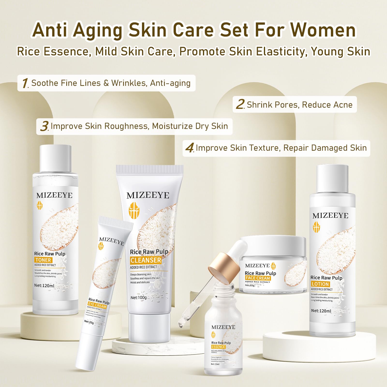 6PCS Rice Essence Skincare Set for Women - Gentle Moisturizing Face Wash, Toner, Lotion, Serum, Cream & Eye Cream - Anti-Aging Treatment with Rice Extract - Perfect for Daily Routine & Teen Girls Skincare