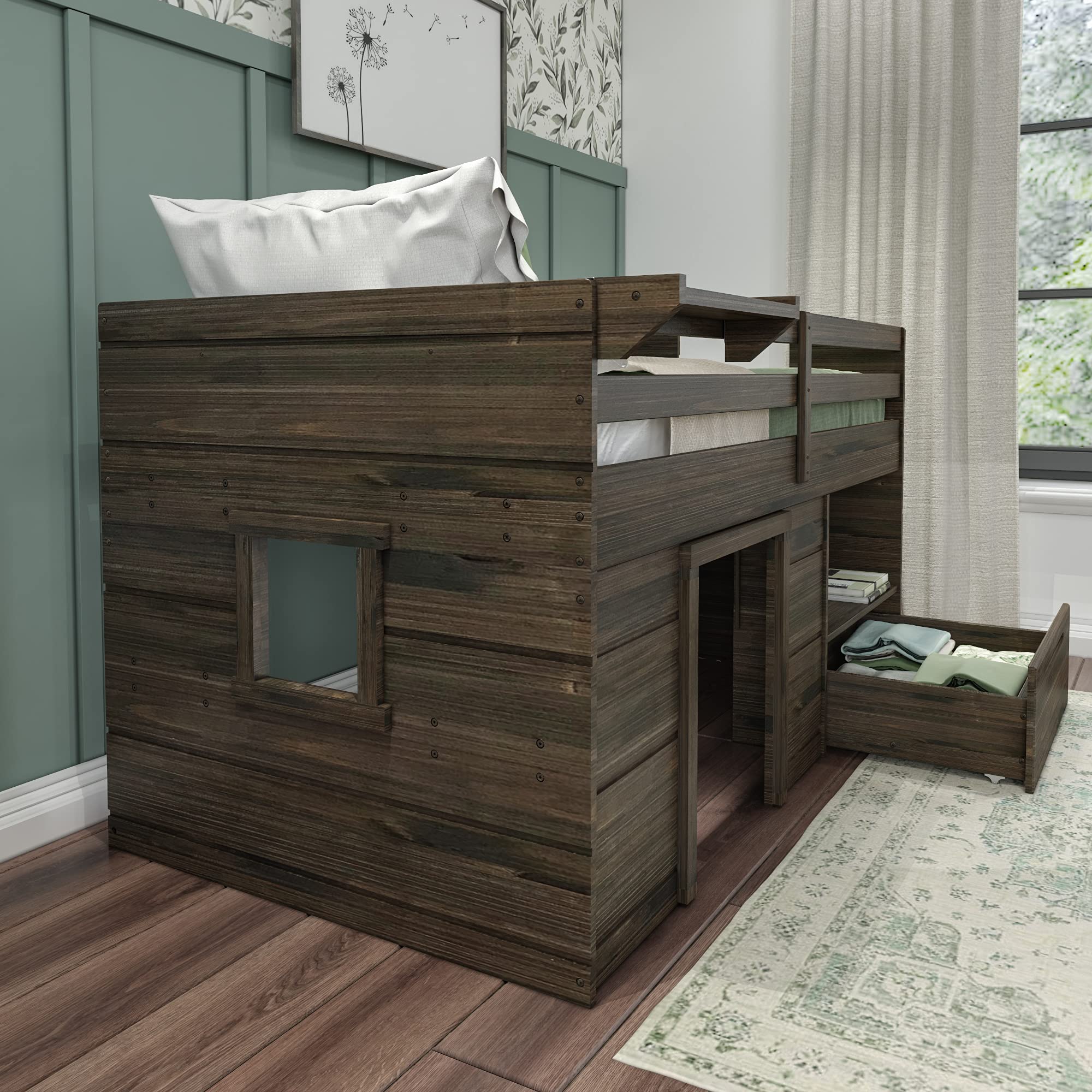 Max & Lily Twin Size Solid Wood Low Loft Bed with Storage Drawer & Ladder - Modern Farmhouse Kids Loft Bed in Barnwood Brown - Perfect for Small Bedrooms, Dorm Rooms & Space-Saving Kids' Furniture