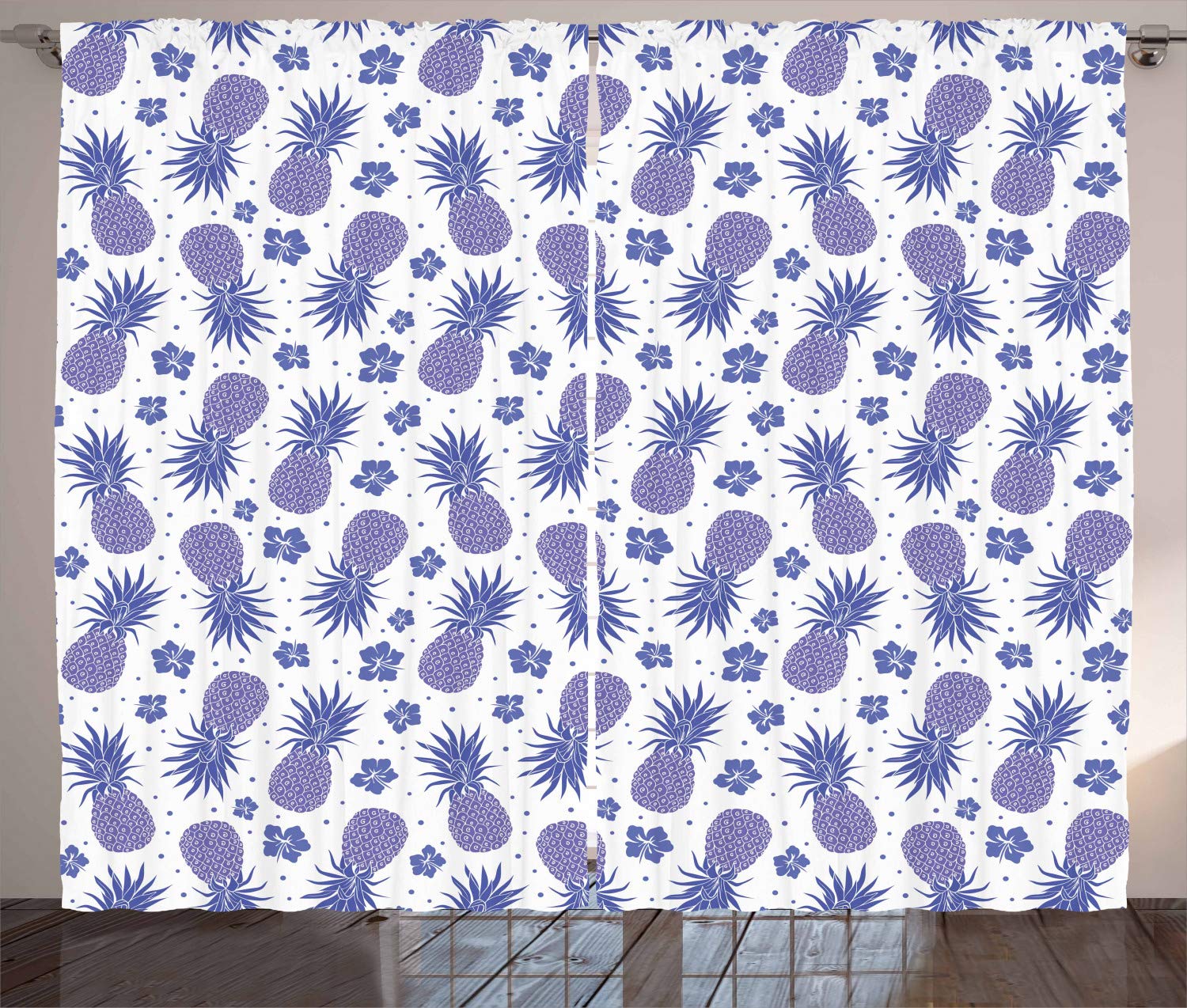 Ambesonne Tropical Pineapple Hibiscus Curtains - 2 Panel Set, 108x96 Inches, Lavender Purple Hawaiian Dots Print - Perfect for Living Room & Bedroom Window Drapes, Beach House Decor, Summer Vibes