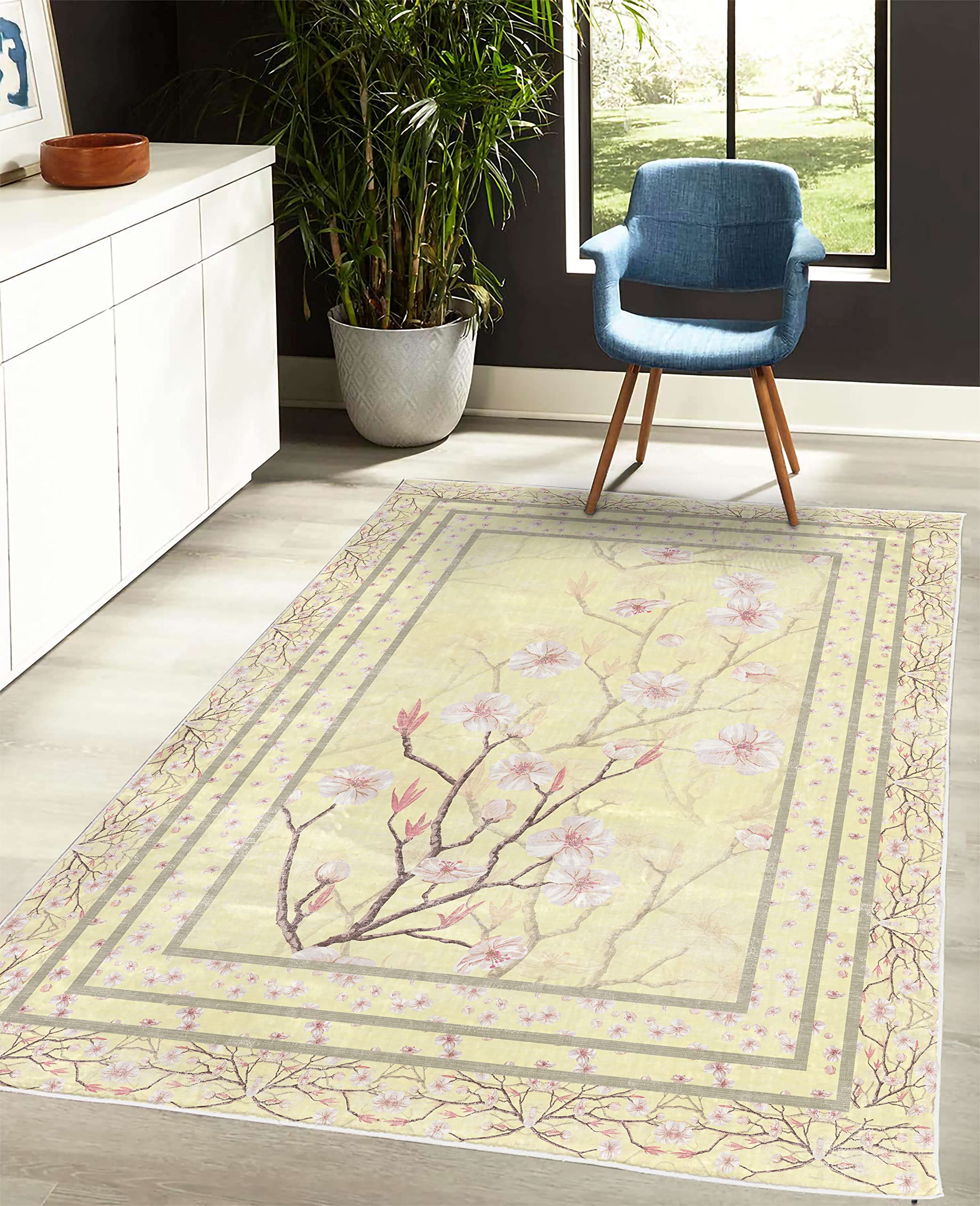 Ambesonne Floral Area Rug - Spring Apple Blossom Design with Nature-Inspired Branches, Soft Cream & Pale Rose Non-Slip Carpet for Bedroom, Living Room, Dorm (5'1