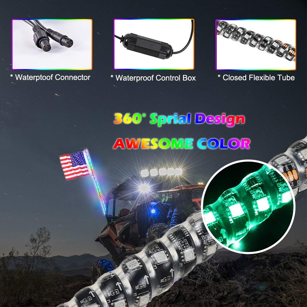 2PCS 5FT RF Remote Control RGB LED Whips Light with Spring Bases - Color Changing Dancing/Chasing Lights for Cars, Motorcycles, Parties & Night Clubs (5FT-Two, Remote Included)