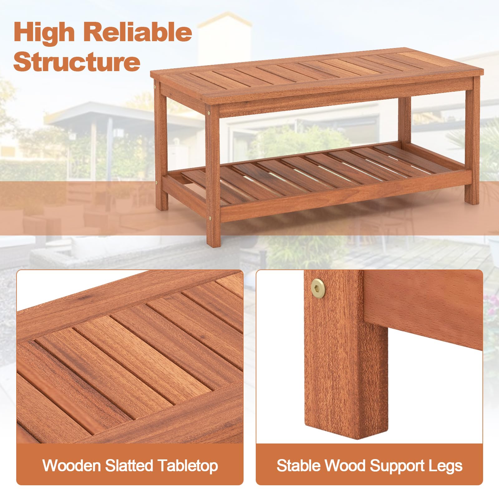 Giantex Hardwood Patio Coffee Table - 2-Tier Wooden Coffee Table with Slatted Tabletop & Storage Shelf, Outdoor Rectangular Center Table for Backyard, Garden, Poolside, Balcony & Indoor, Walnut - Perfect for Outdoor Gatherings, BBQ Parties, and Relaxing by the Pool