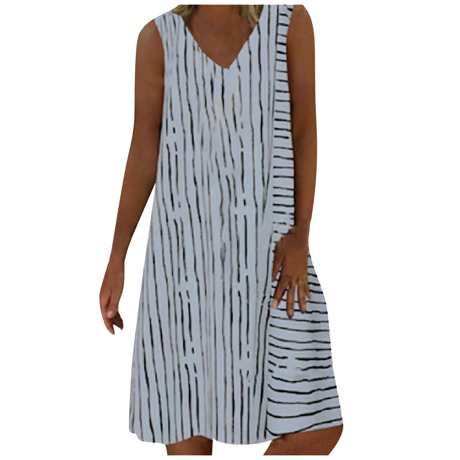 Toozoky Women's Plus Size V-Neck Stripe Print Sleeveless Summer Dress - Casual Beachwear, Vacation Outfit & Party Wear for Women