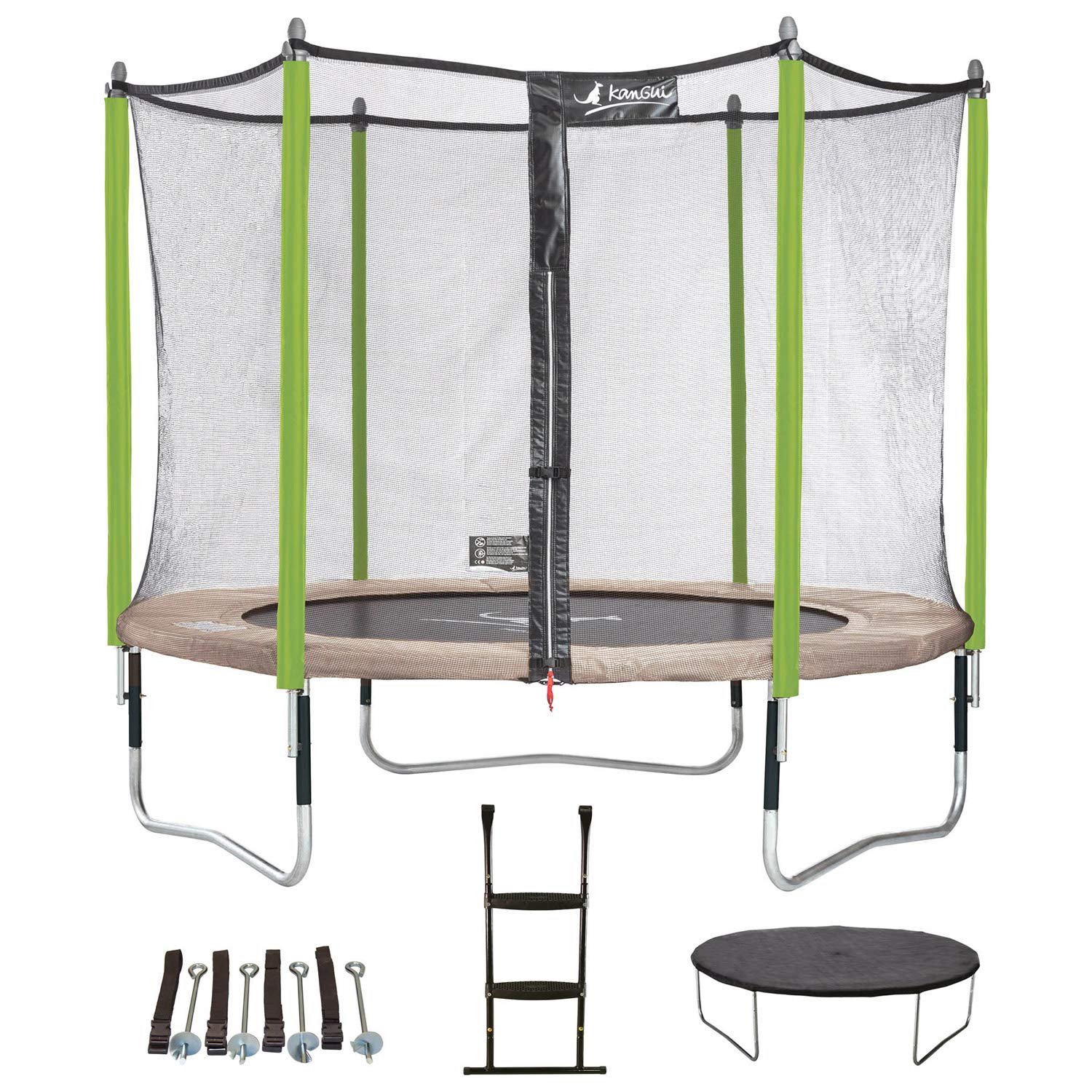 Kangui - Trampoline JUMPI Taupe/Green - 8.2-10 ft (250-305 cm) - 11.8-14.1 ft (360-430 cm) with Safety Net, Ladder, Protective Cover & Anchor Kit - Perfect for Backyard Fun, Kids Outdoor Play & Family Exercise