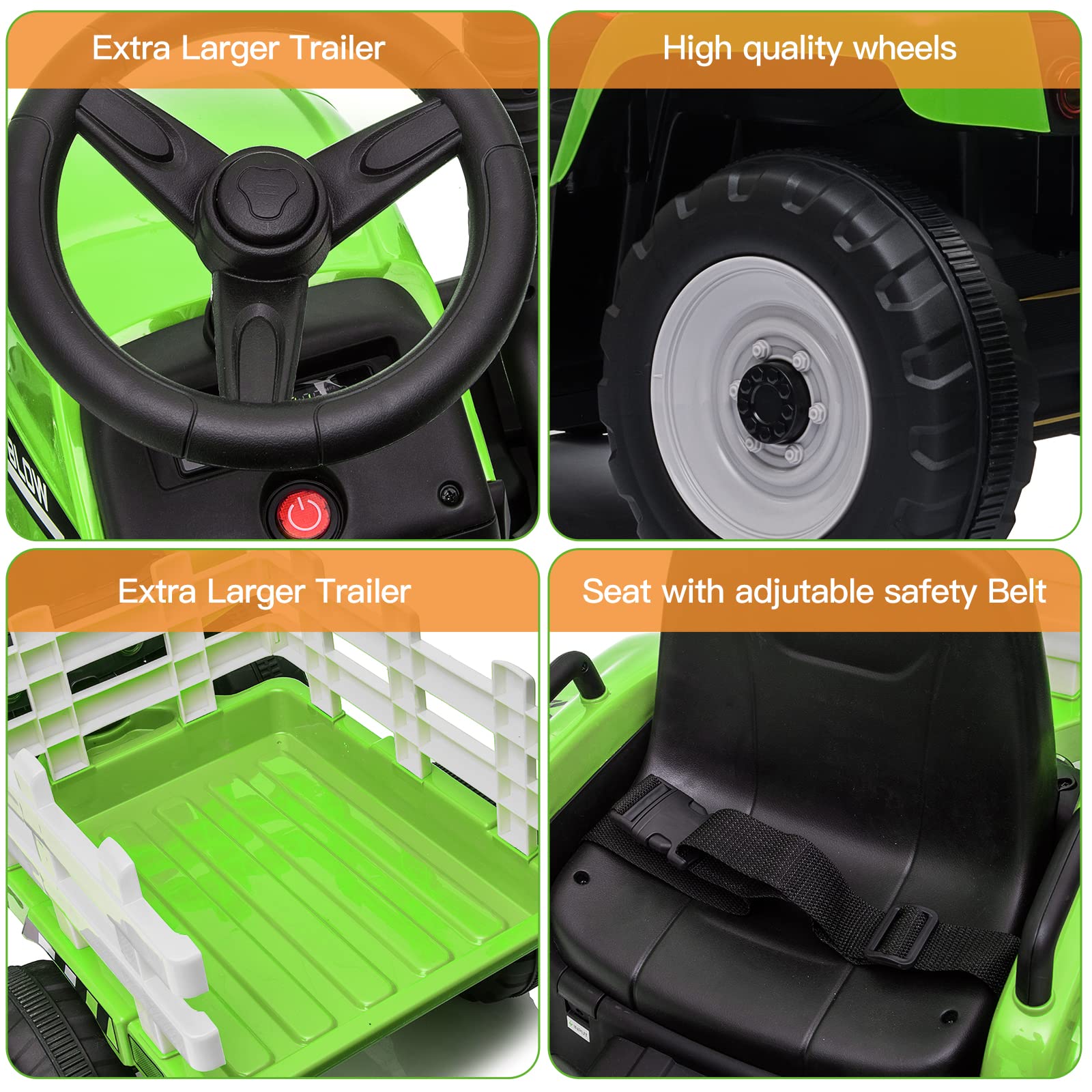 SEHOMY 12V Kids Electric Ride-On Tractor with Trailer - 25W Dual Motor Battery-Powered Toy Car with Parent Remote Control, 3-Speed Gear Shift, LED Lights & Music - Green Power Wheels for Boys & Girls | Outdoor Play, Backyard Fun, Birthday Gift for Toddlers Ages 2-5 Years