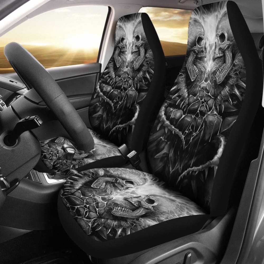 2 Pcs Gothic Skull Car Seat Covers for Front Seats - Black PU Leather with Skull Design - Universal Fit for Most Vehicles - Perfect for Halloween, Gothic Style & Car Enthusiasts